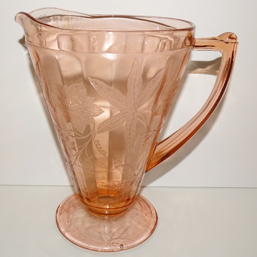 1931 Jeannette 7.75in Poinsettia Pink Depression Glass Footed Cone Pitcher 32oz