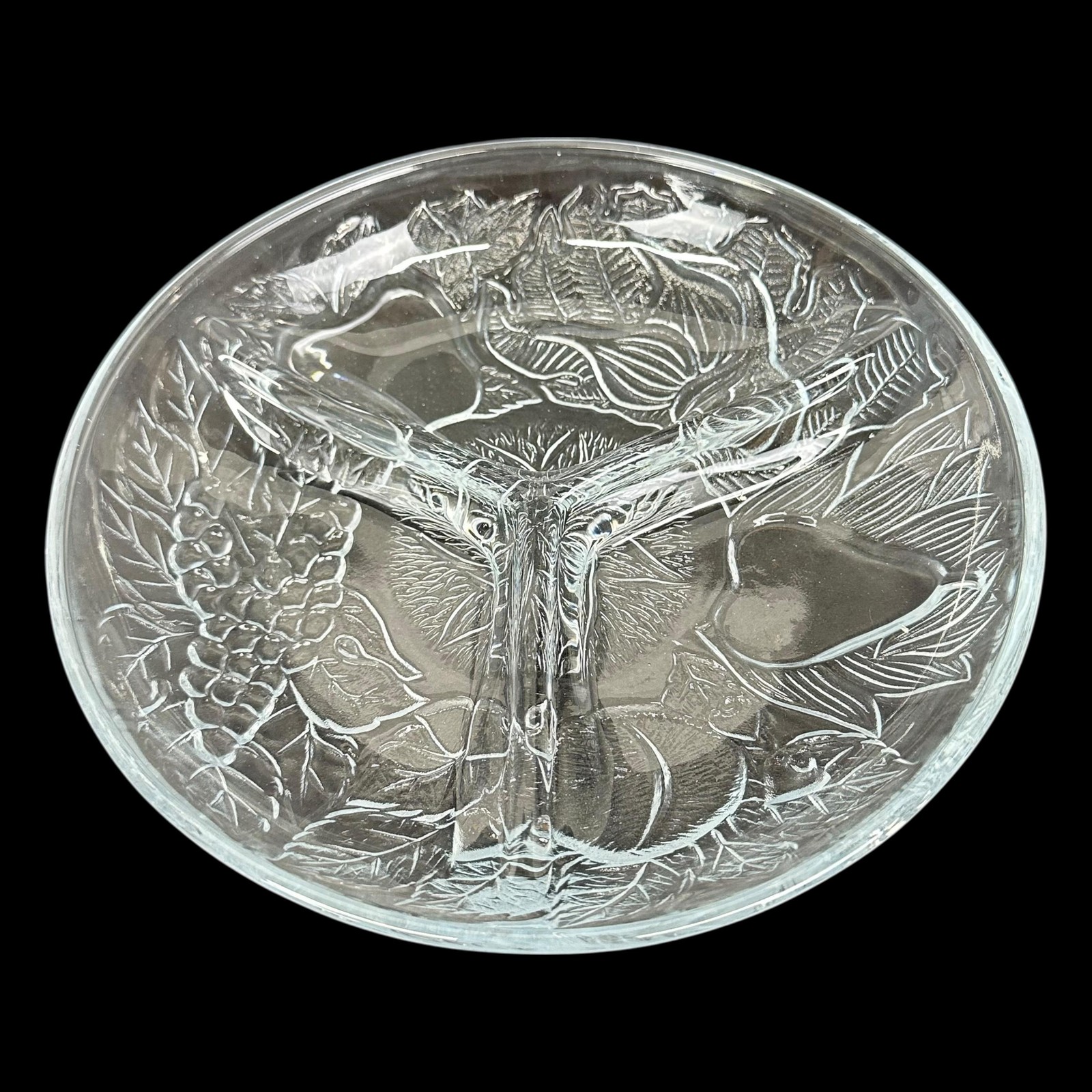 Vintage KIG Indonesia Clear Glass 3 Section Relish Dish Fruit Design 7.75 In