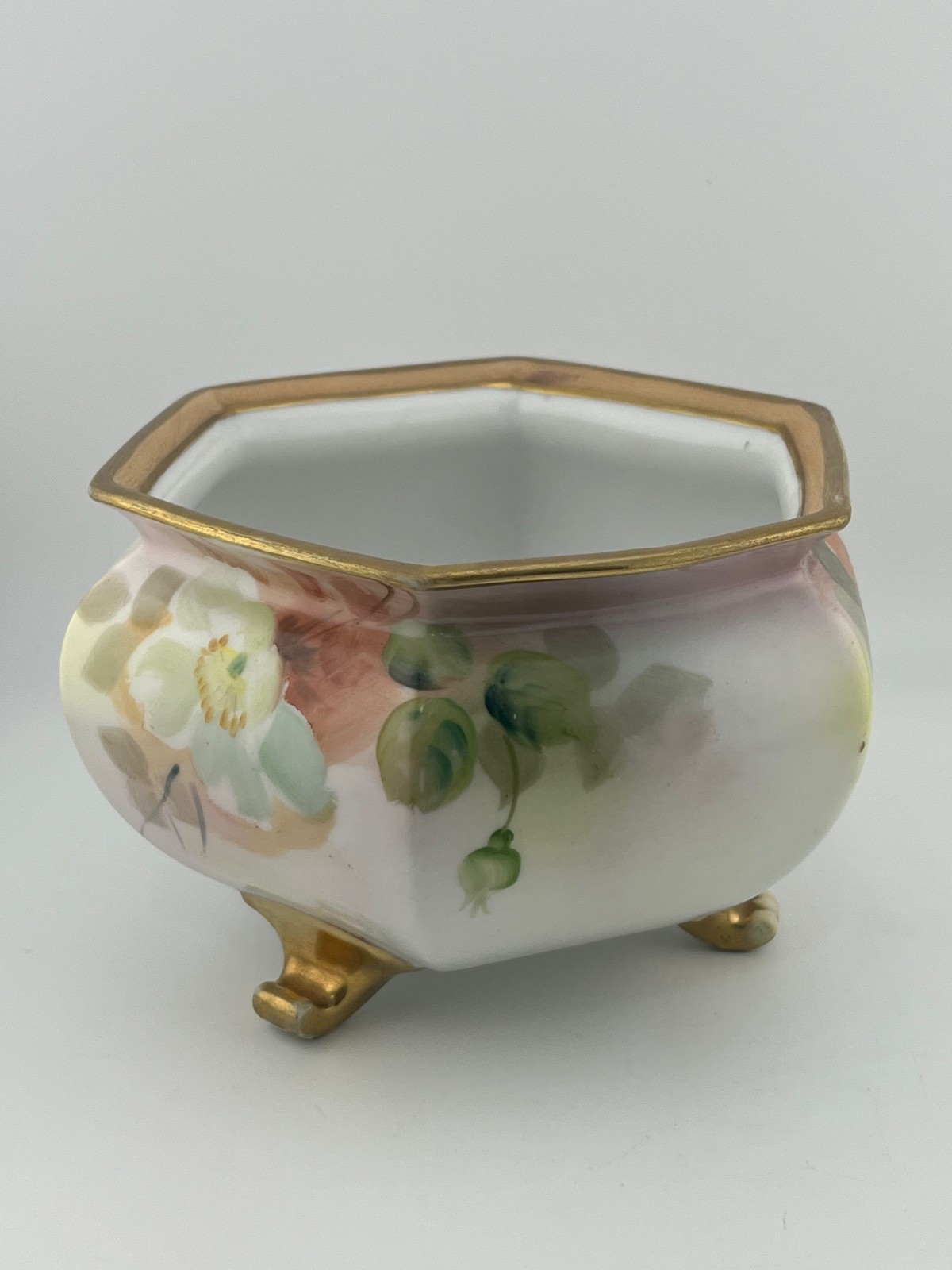 Antique Nippon Hand Painted Footed Bowl Floral Gold Trim Hexagon Pre-1921