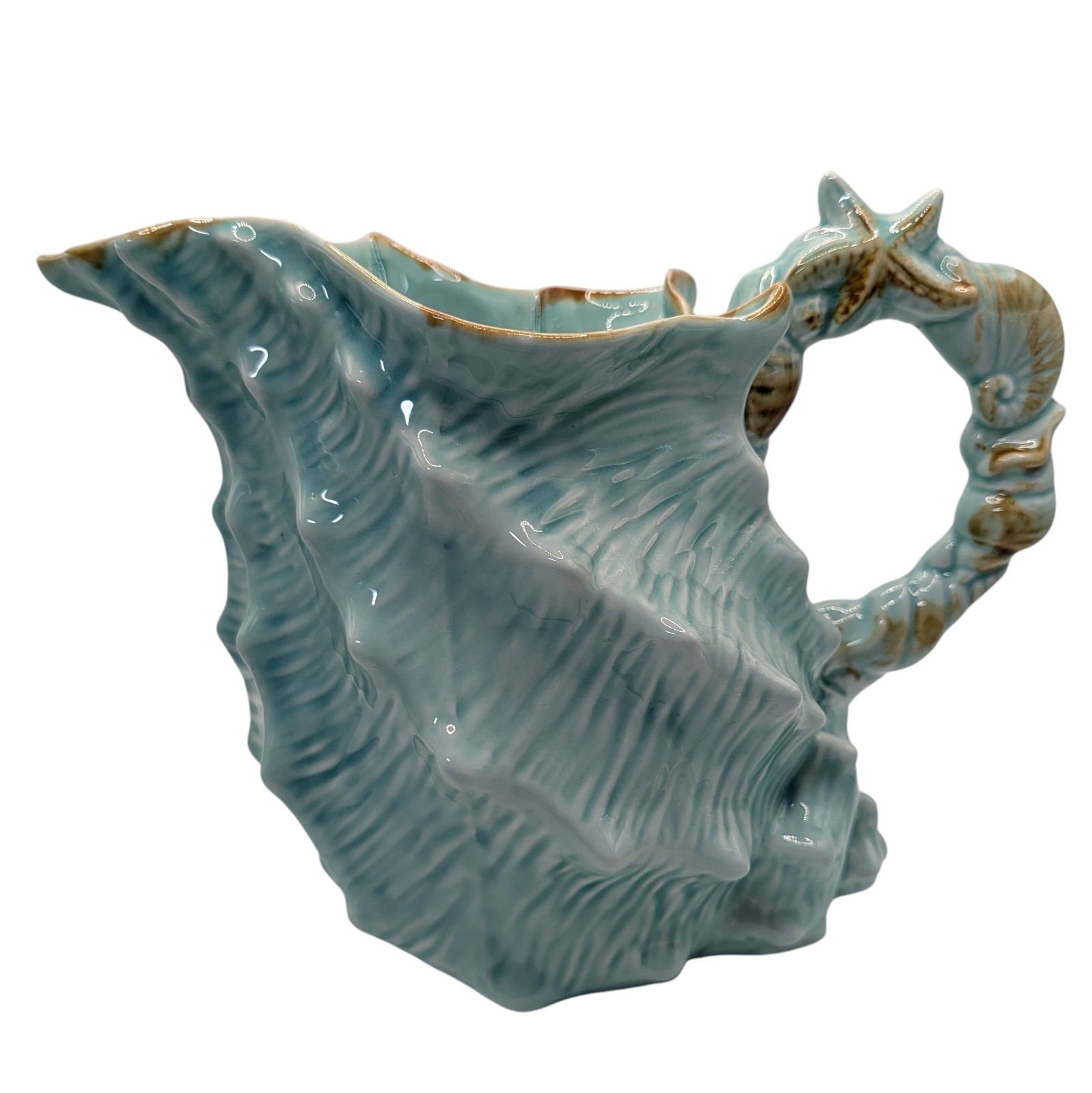 Blue Sky Conch Shell Pitcher Seawave Turquoise Blue Nautical Seven Inches Retro