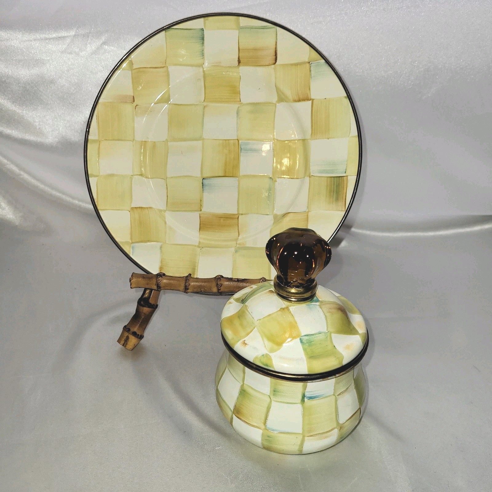 McKenzie Childs Yellow Green Teal Parchment Sugar Bowl W/Lid + 8″ Plate EUC