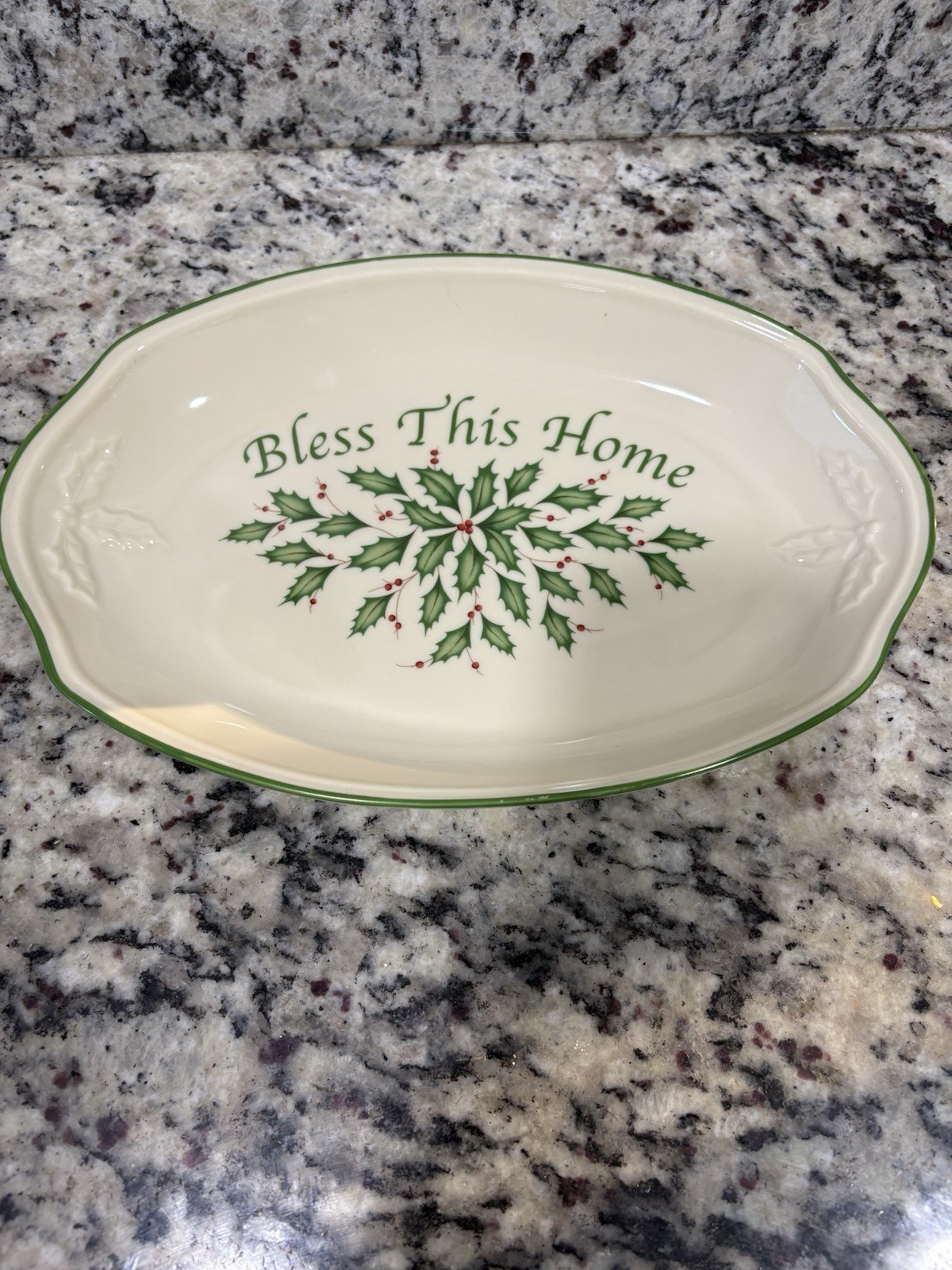 Lenox Holiday Holly Berry Bless This Home Oval Bread Tray – Raised Motif