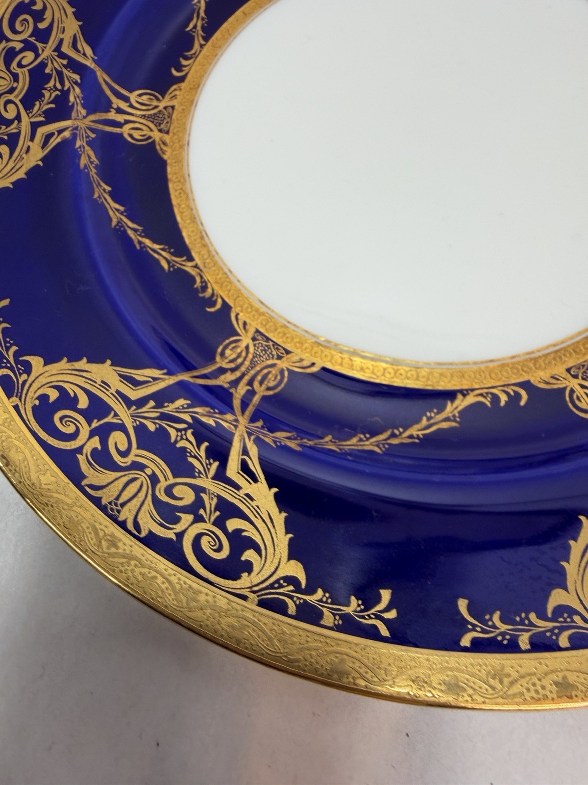 Antique Minton Porcelain 2 Dinner Plates w Raised Cobalt Blue Gold Rim 10 1/8 in