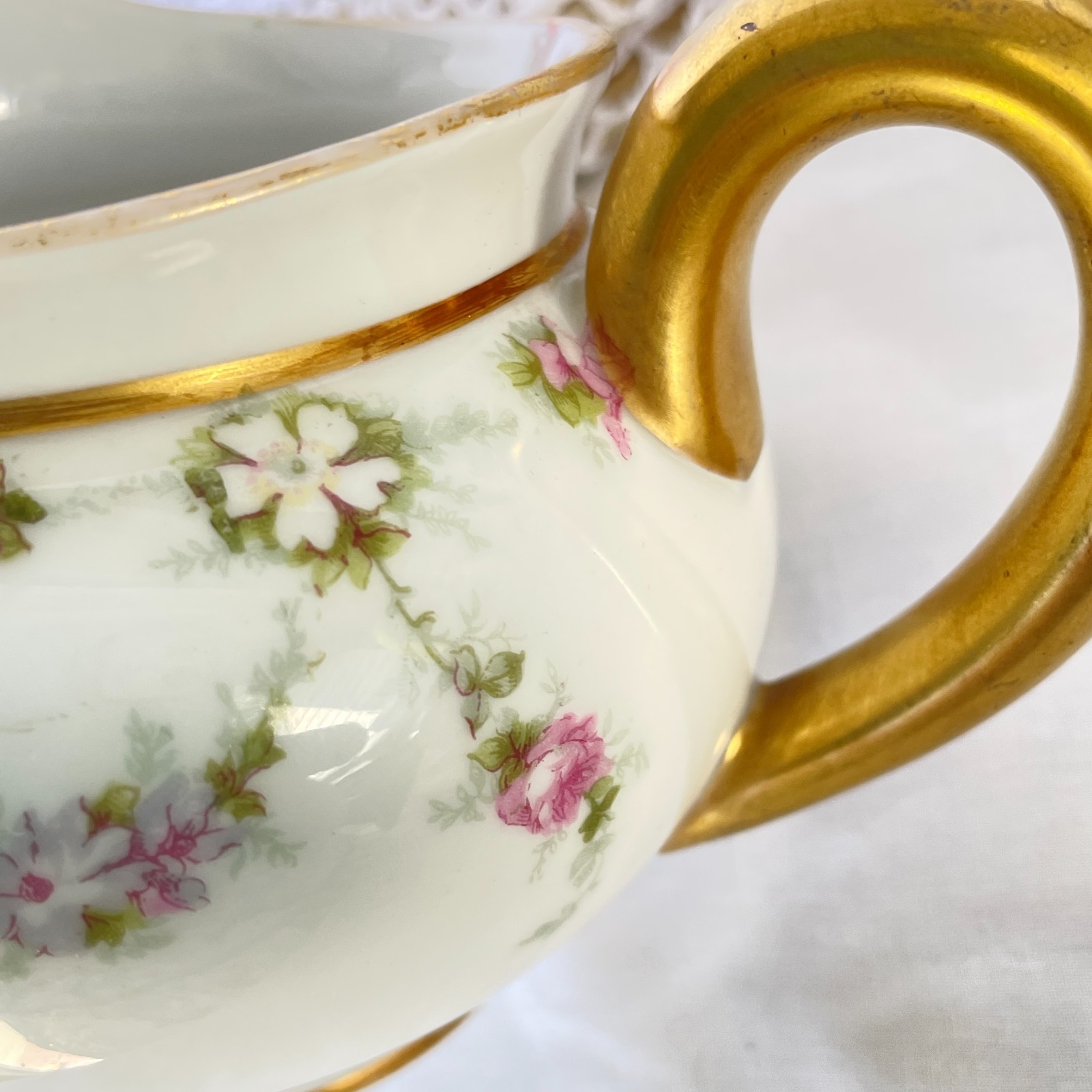 Antique D & C France White Porcelain Rose Garland Gold Handle Creamer