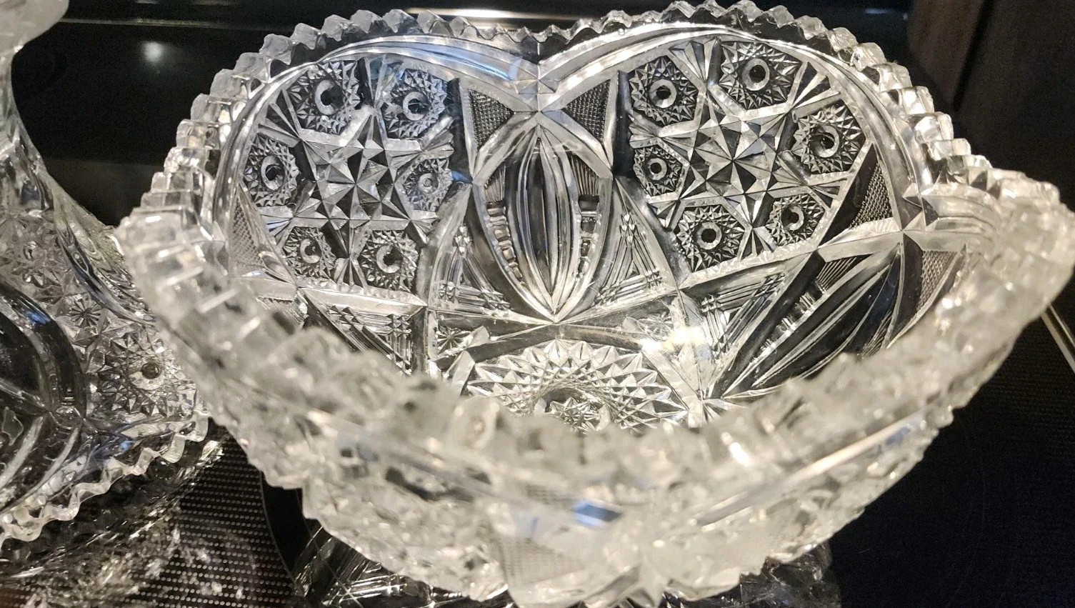 Antique Brilliant Cut Crystal Glass Eggnog Centerpiece Bowl 2 Piece Vintage