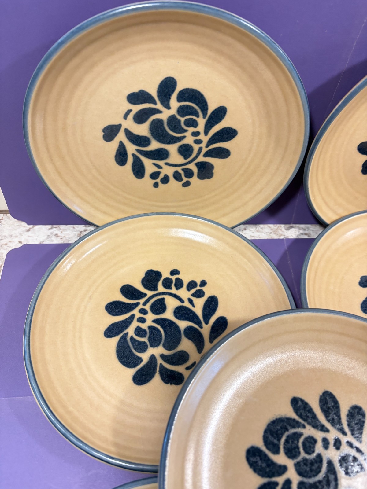 Pfaltzgraff FOLK ART Set of 7 Salad Plates Stoneware USA ~ Incised Castle Mark