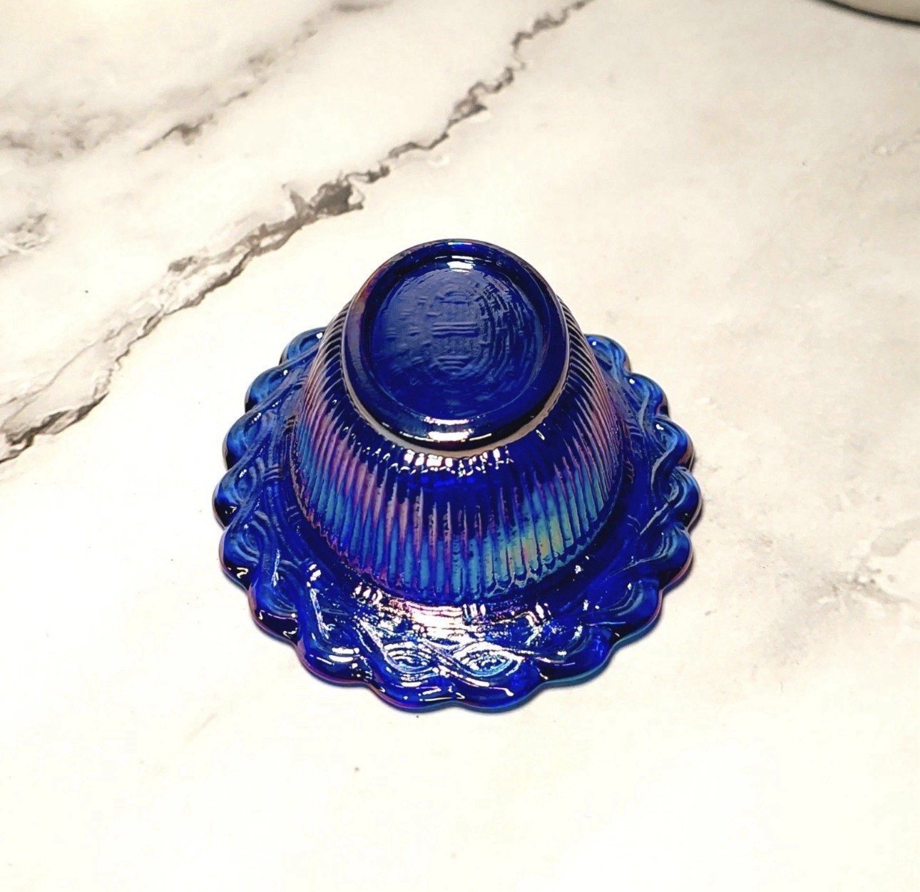 Mosser Cobalt Blue Carnival Glass Hen on Nest Salt Dish, Mini Chicken, VTG Style