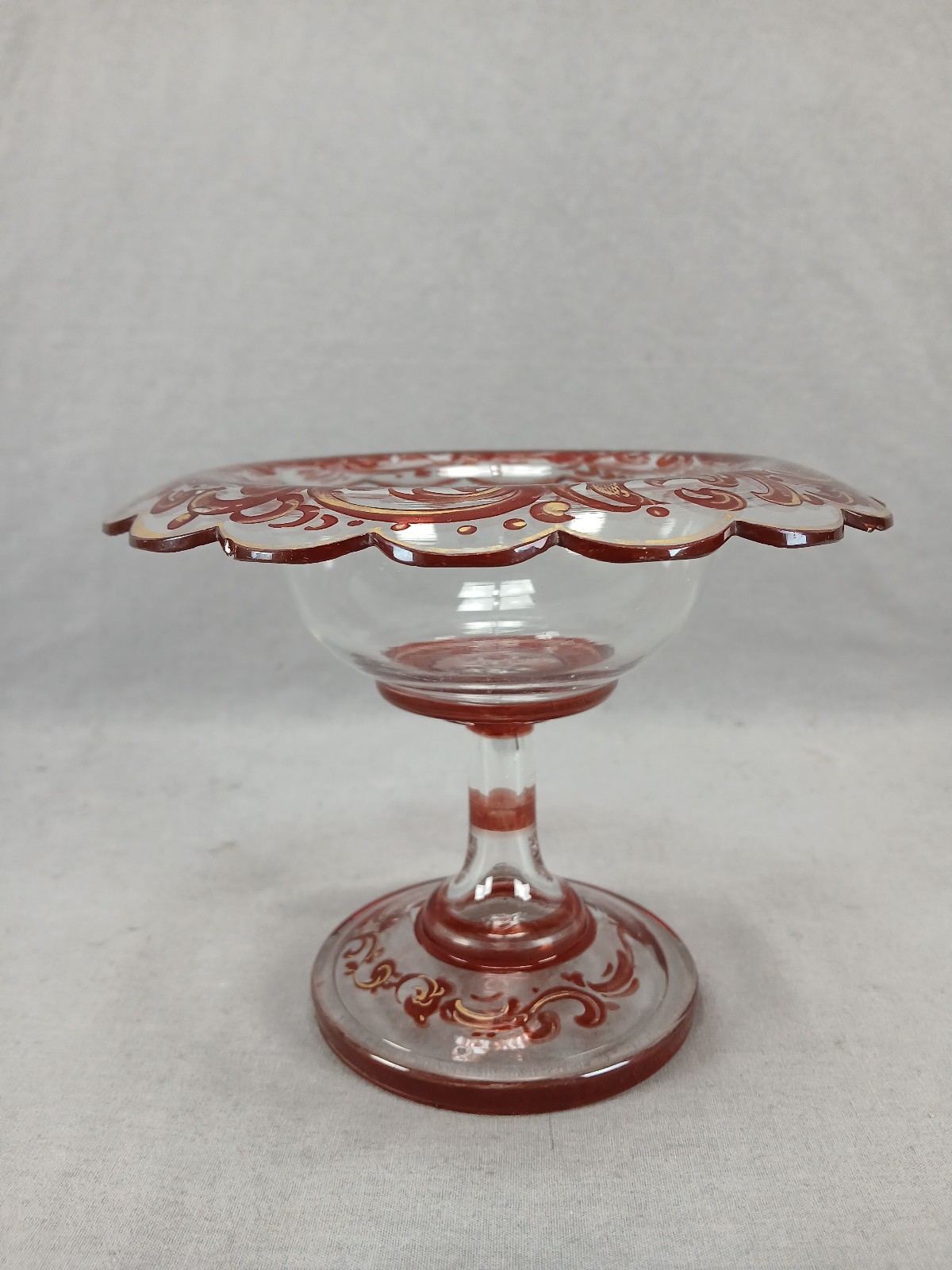 Mid 19th Century Bohemian Ruby Stained & Gold Scrollwork 5 1/8 Inch Compote