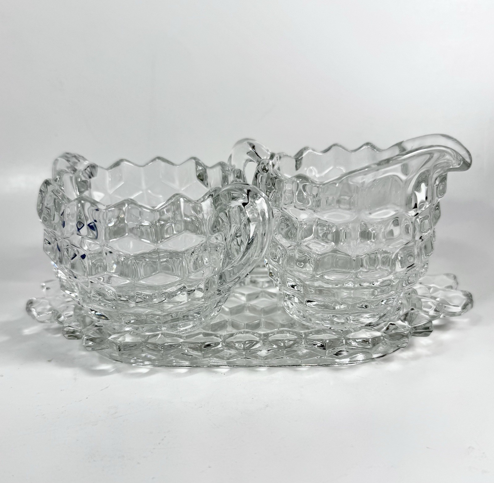 Fostoria American Creamer Open Sugar Bowl Set With Tray Clear Glass Cube Vtg H32