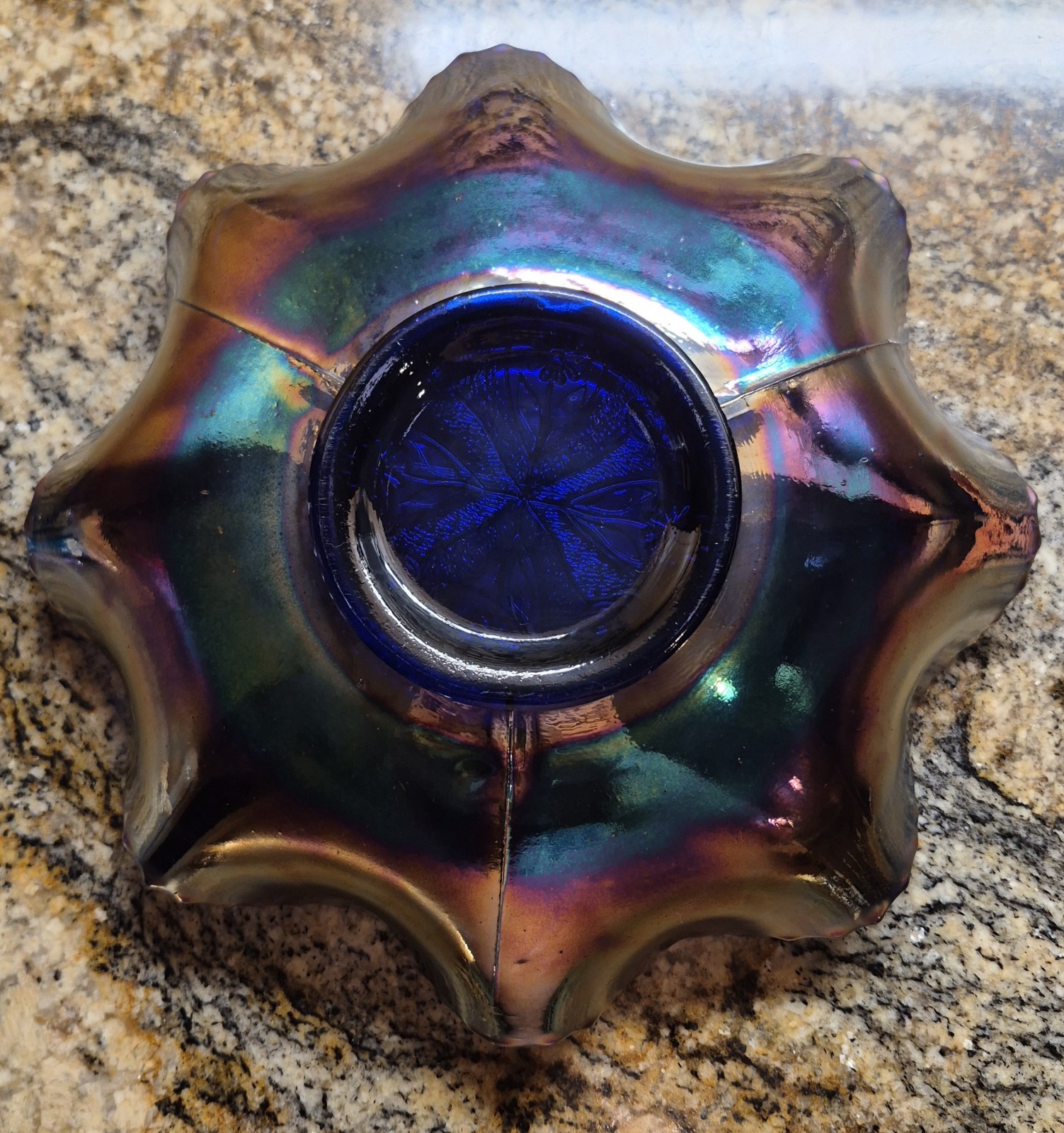 Antique Fenton Dragon/Lotus Bowl Cobalt Blue Metallic Finish 9in Across 2.5in…