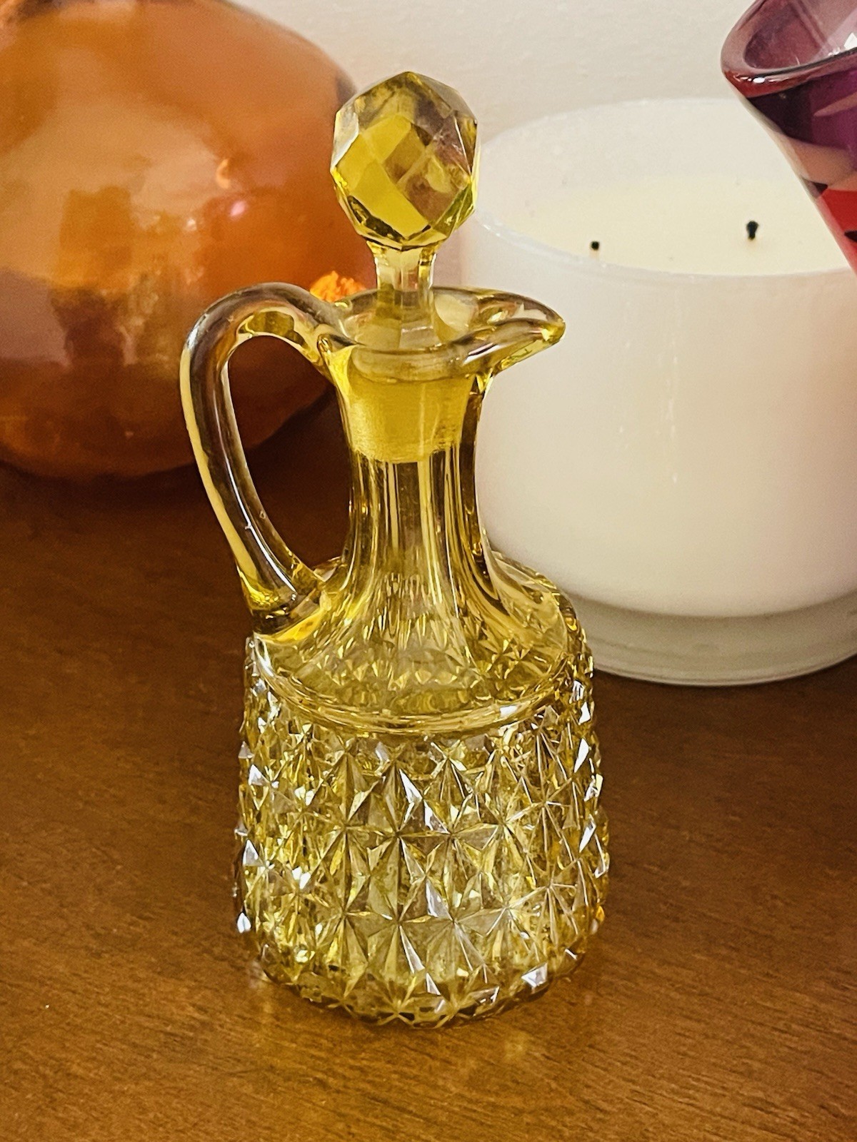 Antique Eapg Central Glass Co Yellow Amber Diamond Pattern Glass Cruet