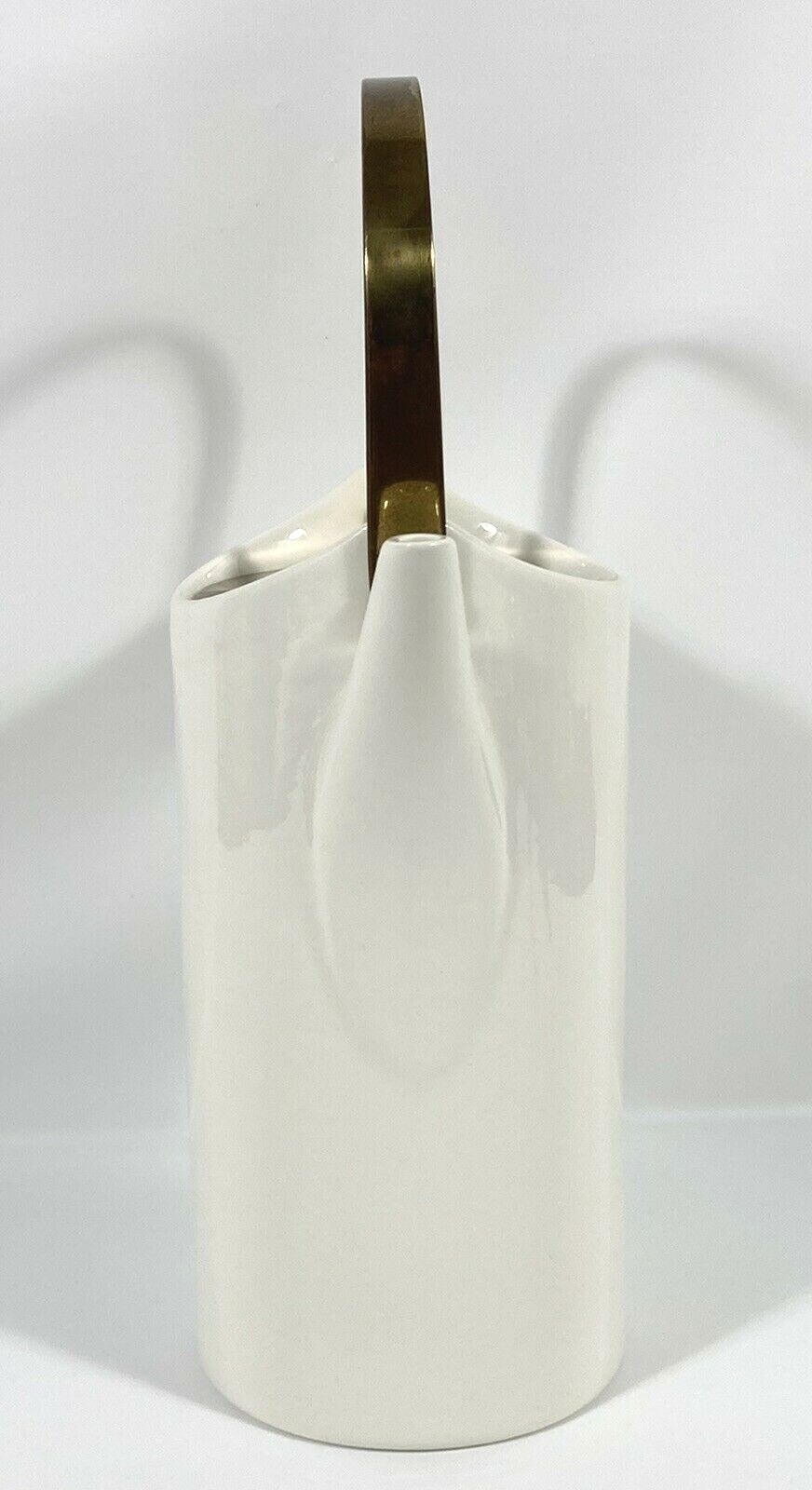 Vtg Danish Style Pottery Coffee Pot White w/ Metal Lid & Handle Carafe 9″ RARE