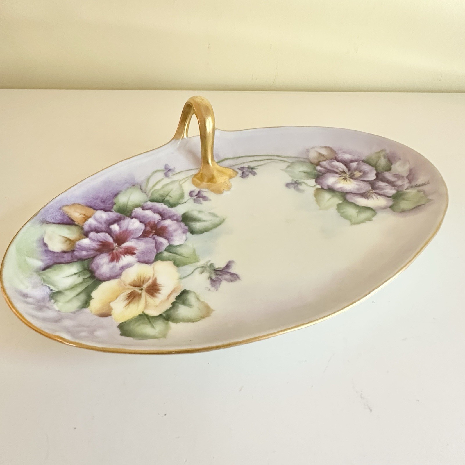 Antique W.G. & Co Limoges Hand Painted Pansy Flower Tray Gold Trim Handle Signed