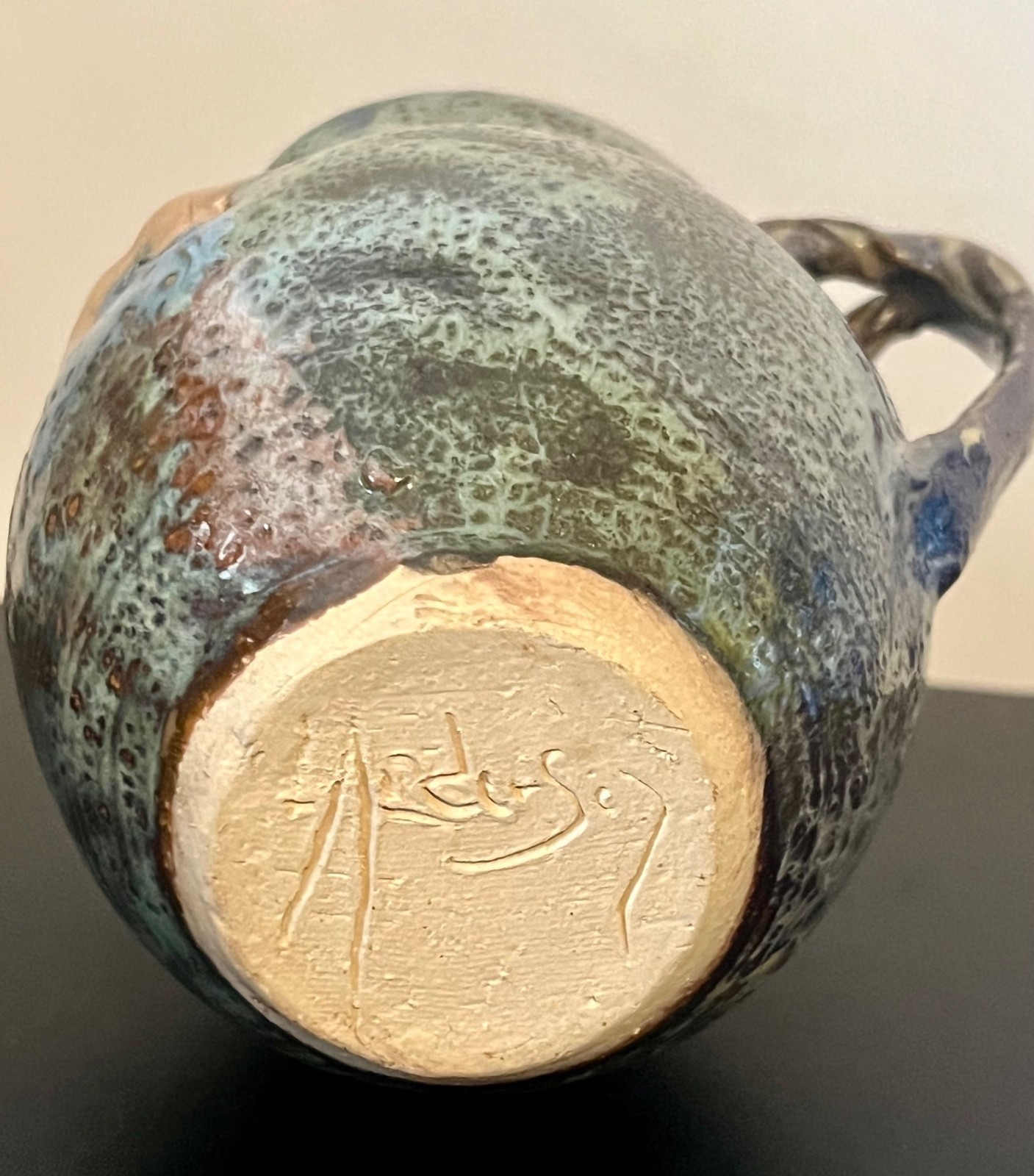 Colorful North Carolina Art Pottery ~ Glazed Leaf Pitcher ~ 5.5″ Tall Signed
