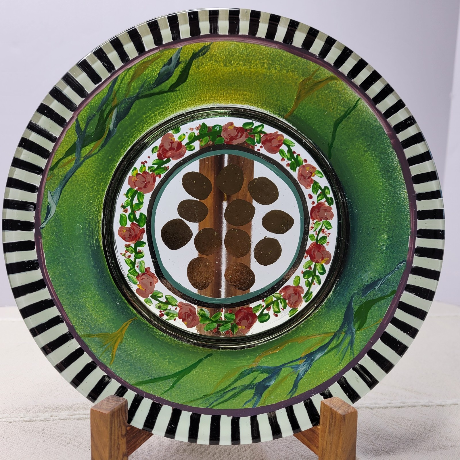 Early MacKenzie-Childs Plate Hand Painted Glass Salad 9″ Rose Garland Gold Dots
