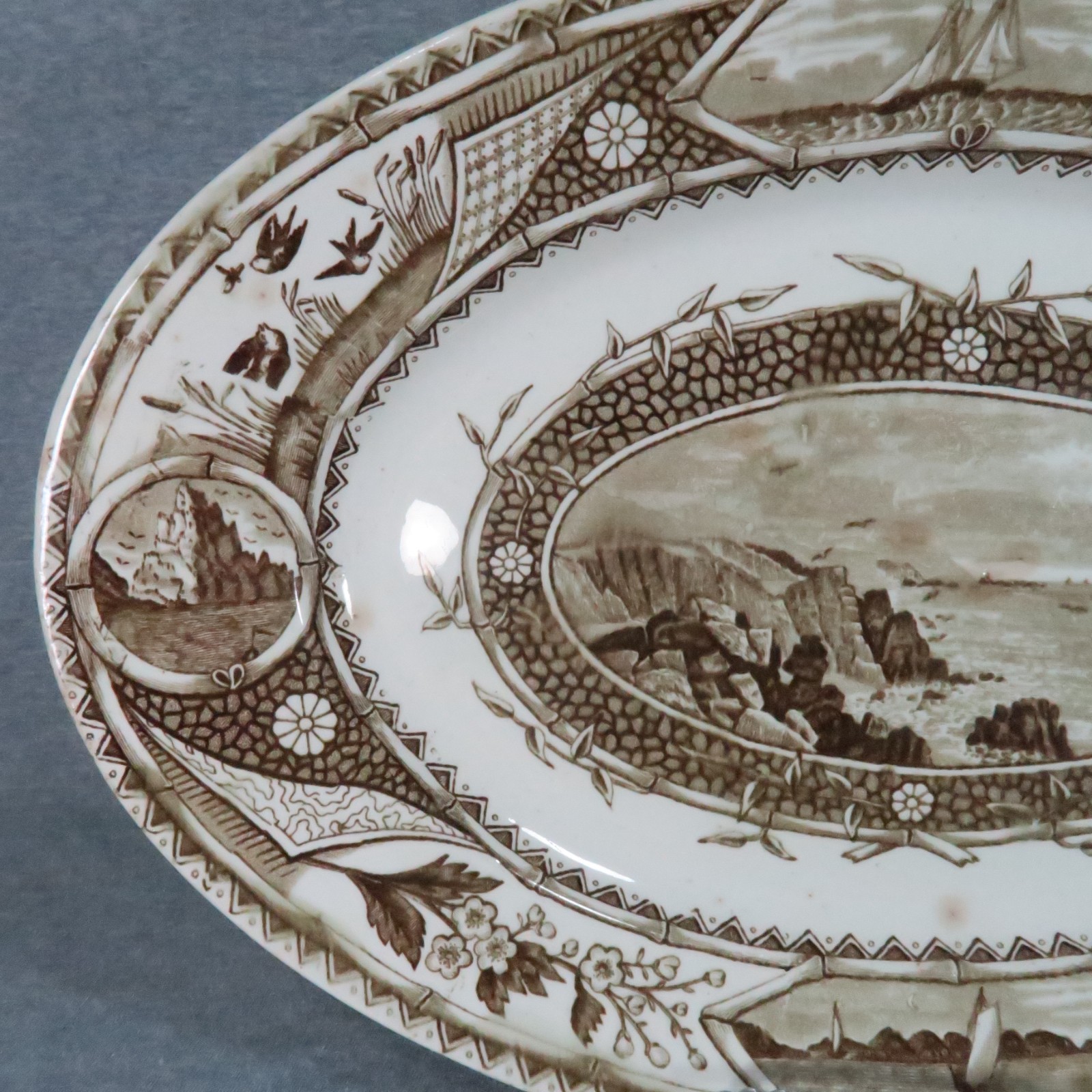 Antique GW Turner & Sons Transferware Platter Phileau Brown White Oval England
