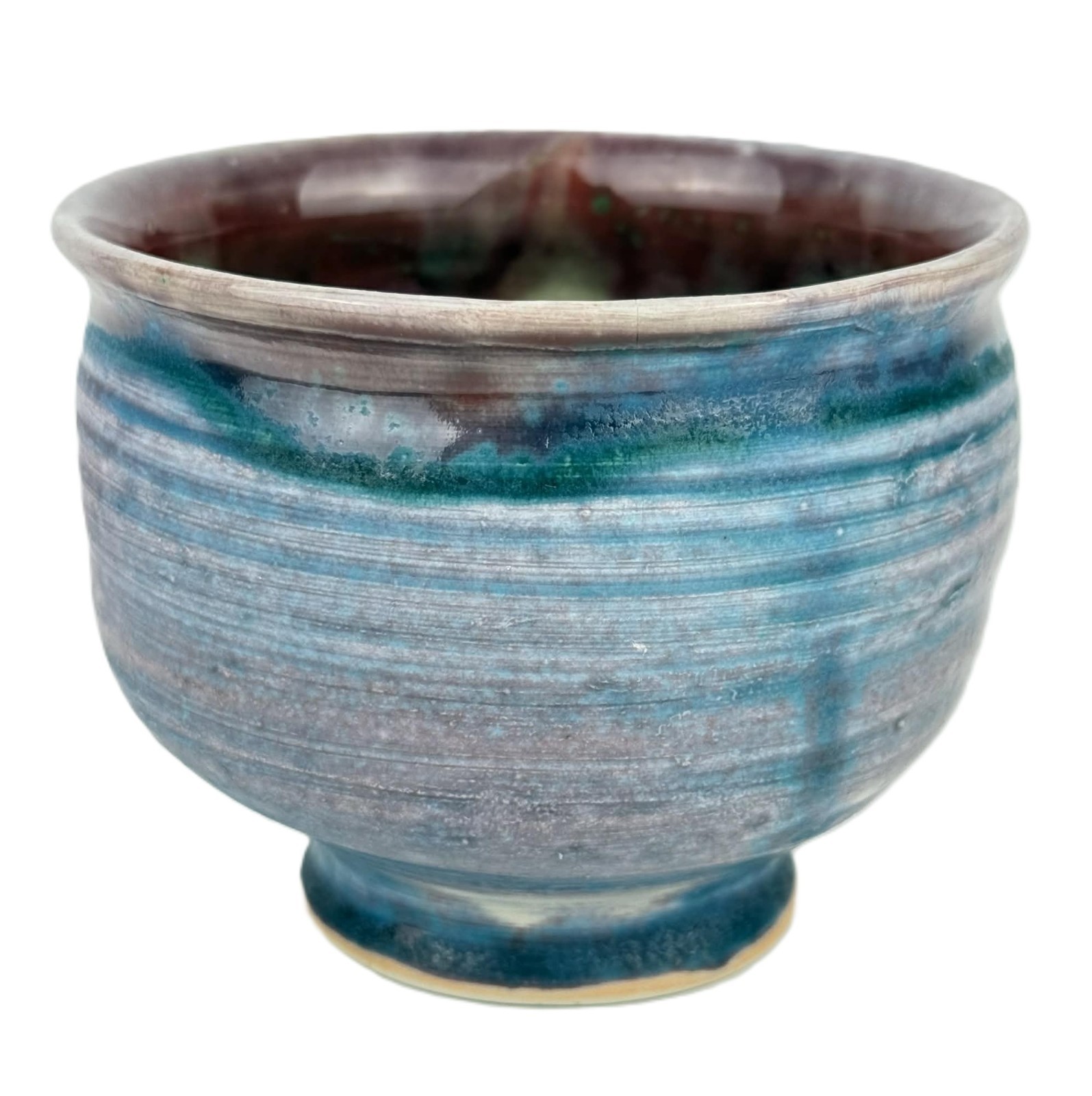 Studio Pottery Stoneware Bowl Art Decor 4.25” Artist Made Blue Violet Drip Glaze
