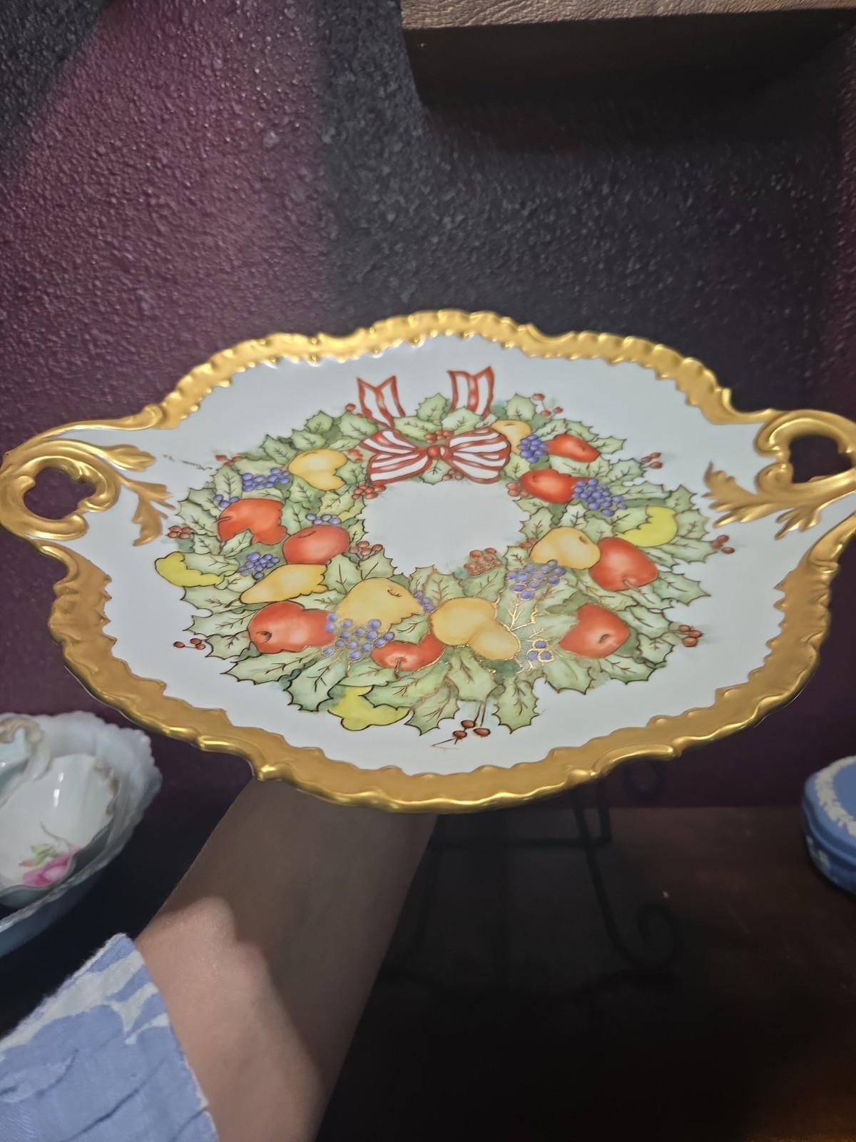 Hand Painted Ceramic Fruit Holly Berry Handled Platter Heavy Gold Trim Signed