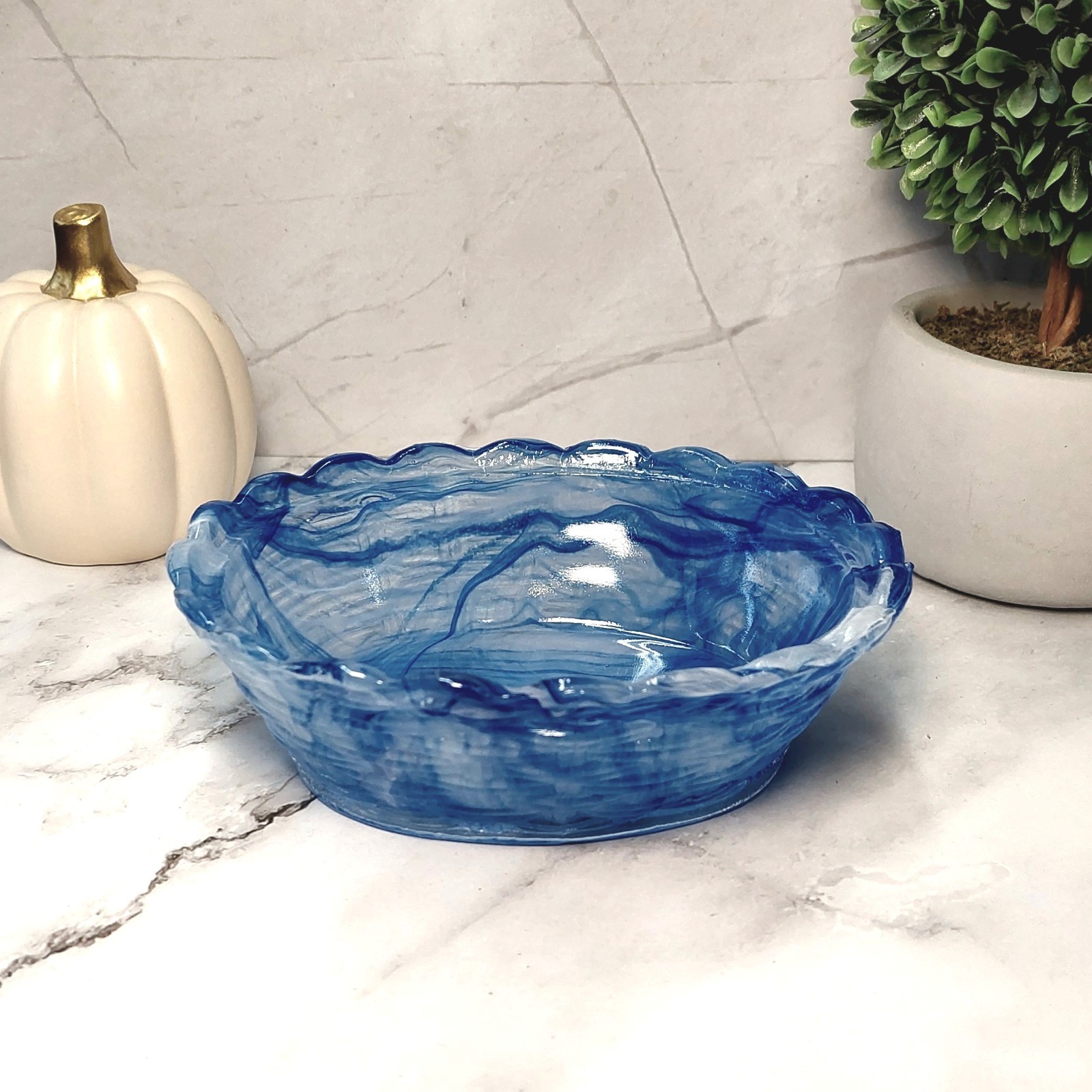 Hen on Nest Chicken Blue Cream Swirl Glass Depression Style Candy Dish, Vintage