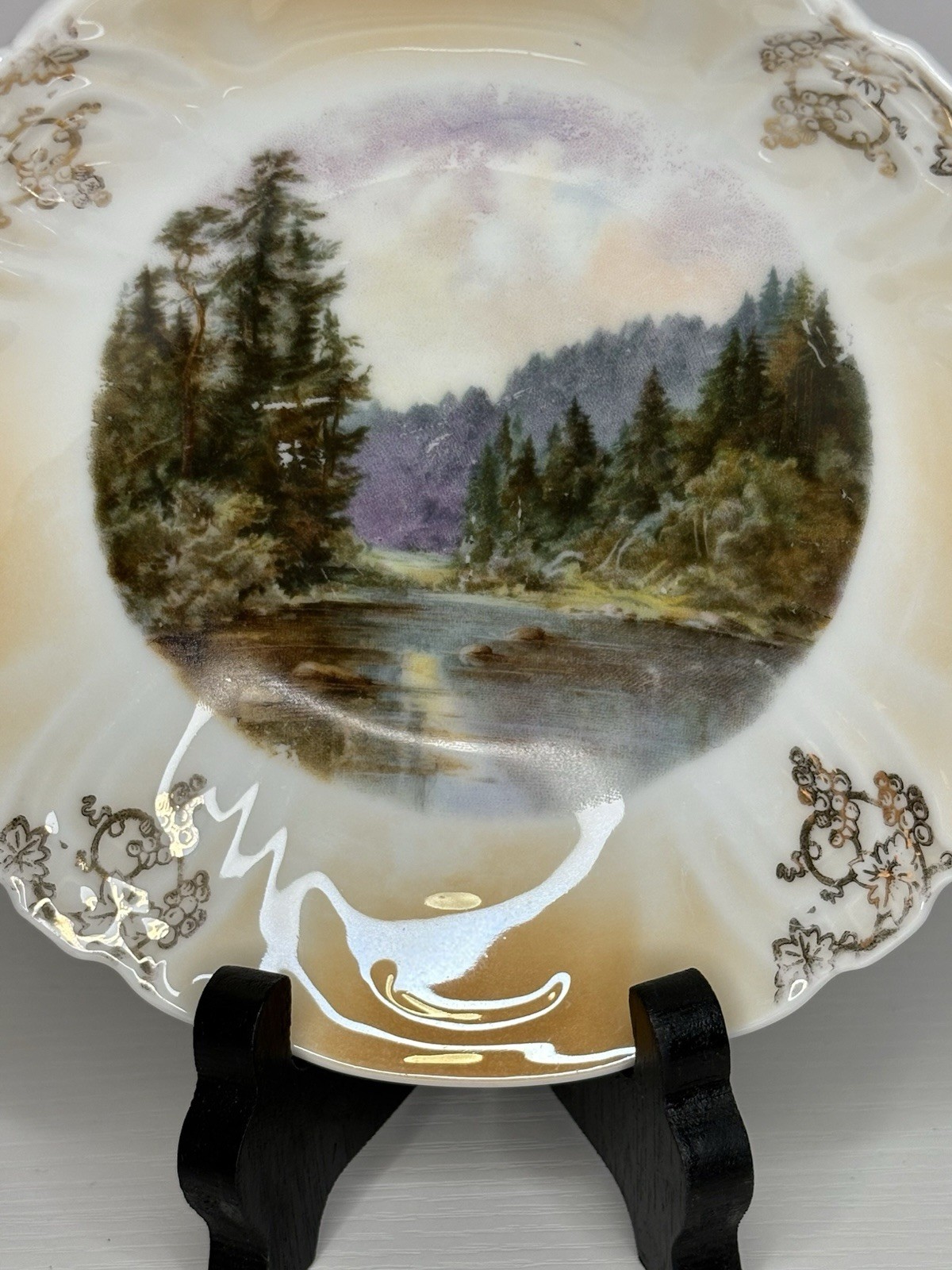 Vintage Porcelain Plate Set Country Riverbank Trees Scene Gold Grape Vine Border