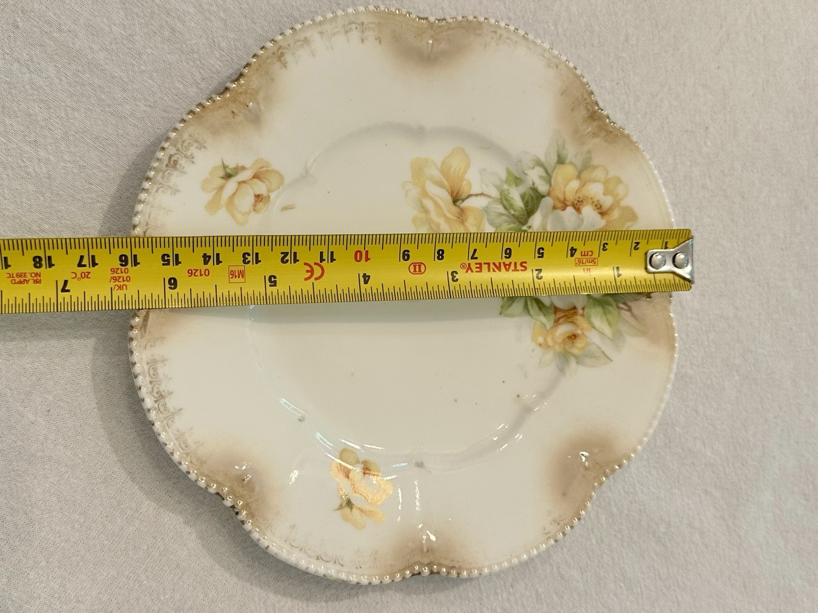 Antique R.S. Prussia Red Mark 6″ Plate Yellow Roses Gold Gilt Scalloped Edge