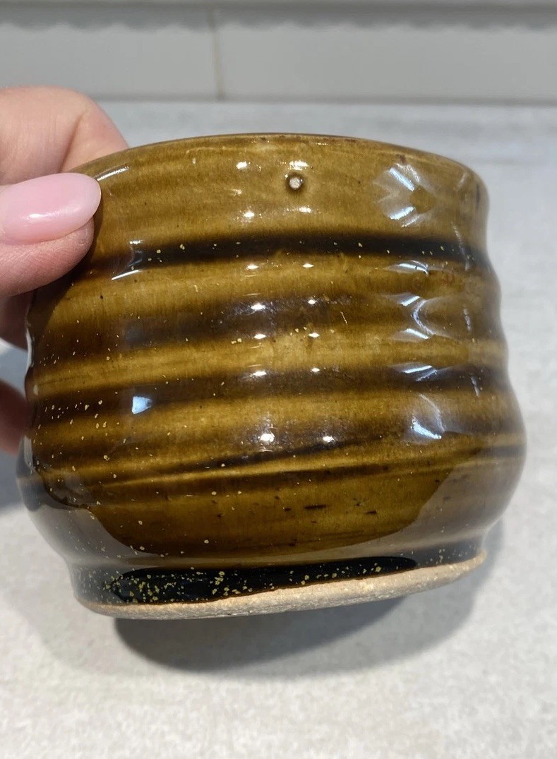 Studio Art Pottery Cup Yunomi Tea Mug Hand Thrown Brown Drip Glaze