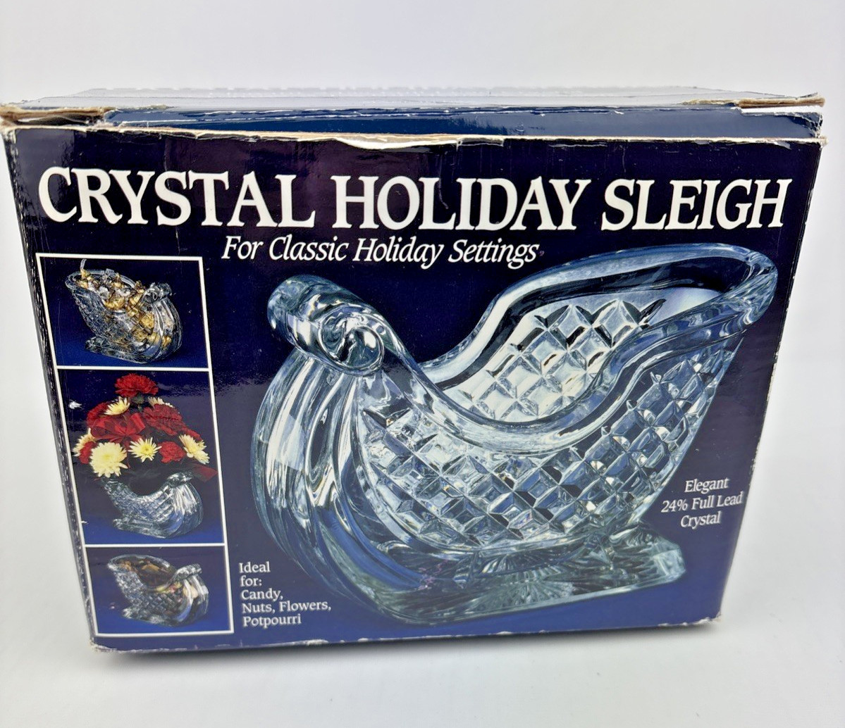 NEW in Box 24% Lead Crystal Christmas Sleigh for Flowers Candy Tissues MINT
