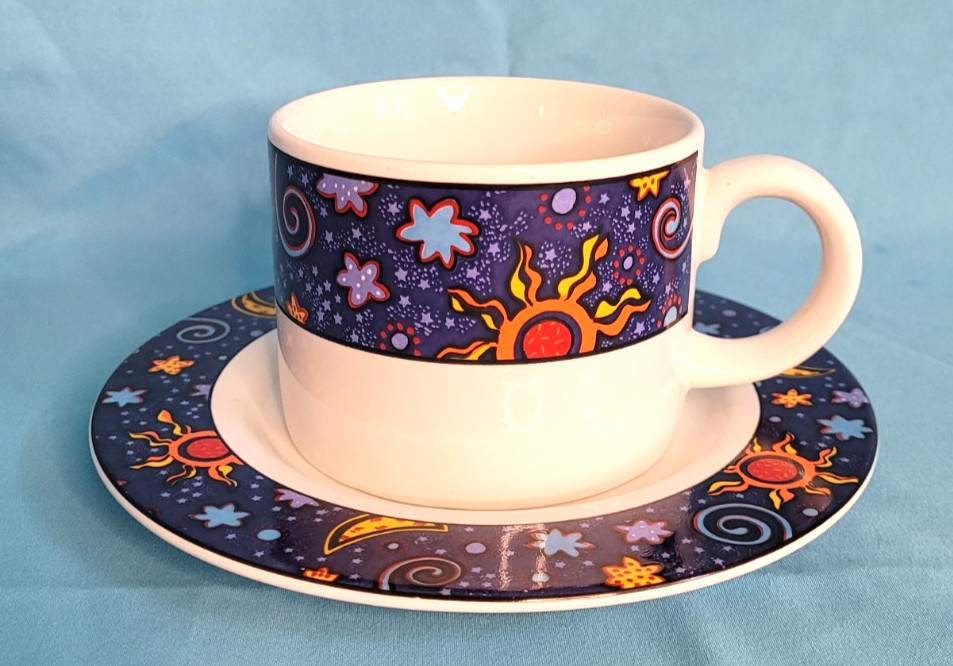 Sakura Celestial Cup and Saucer Set Stoneware 1992 White Multi-color Very Good