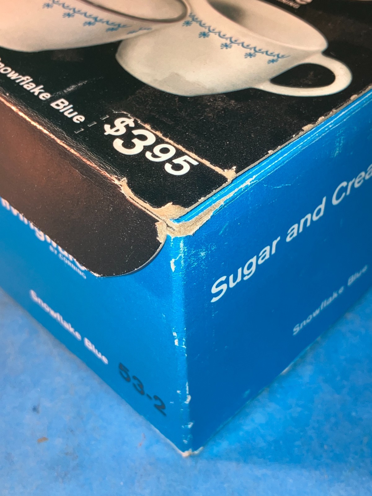 Pyrex Sugar Bowl and Creamer Set Snowflake Blue, with Lid and Box