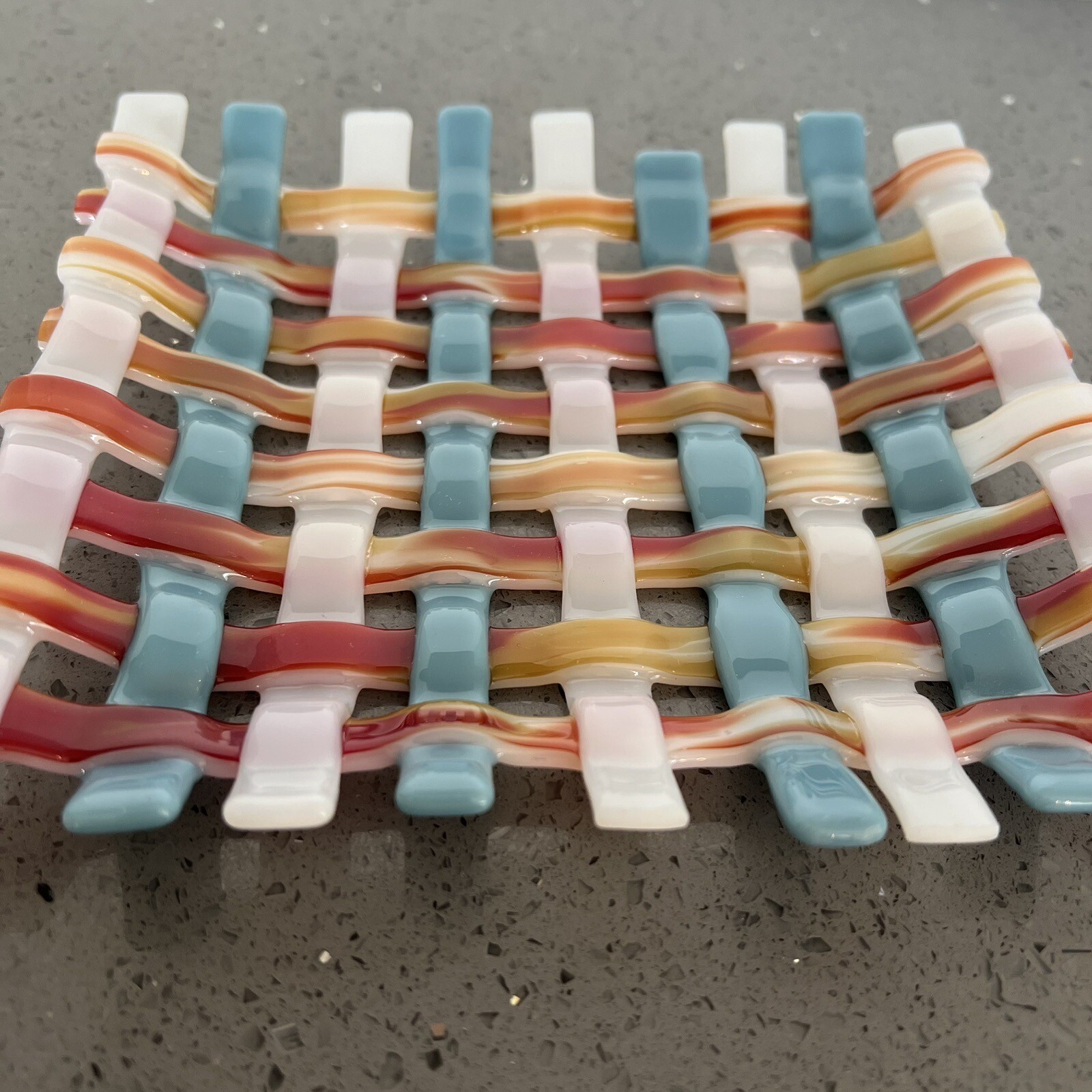 Weaved Fused Glass Plate Blue Rust Gold White 7.5″ by 6.5″ W361