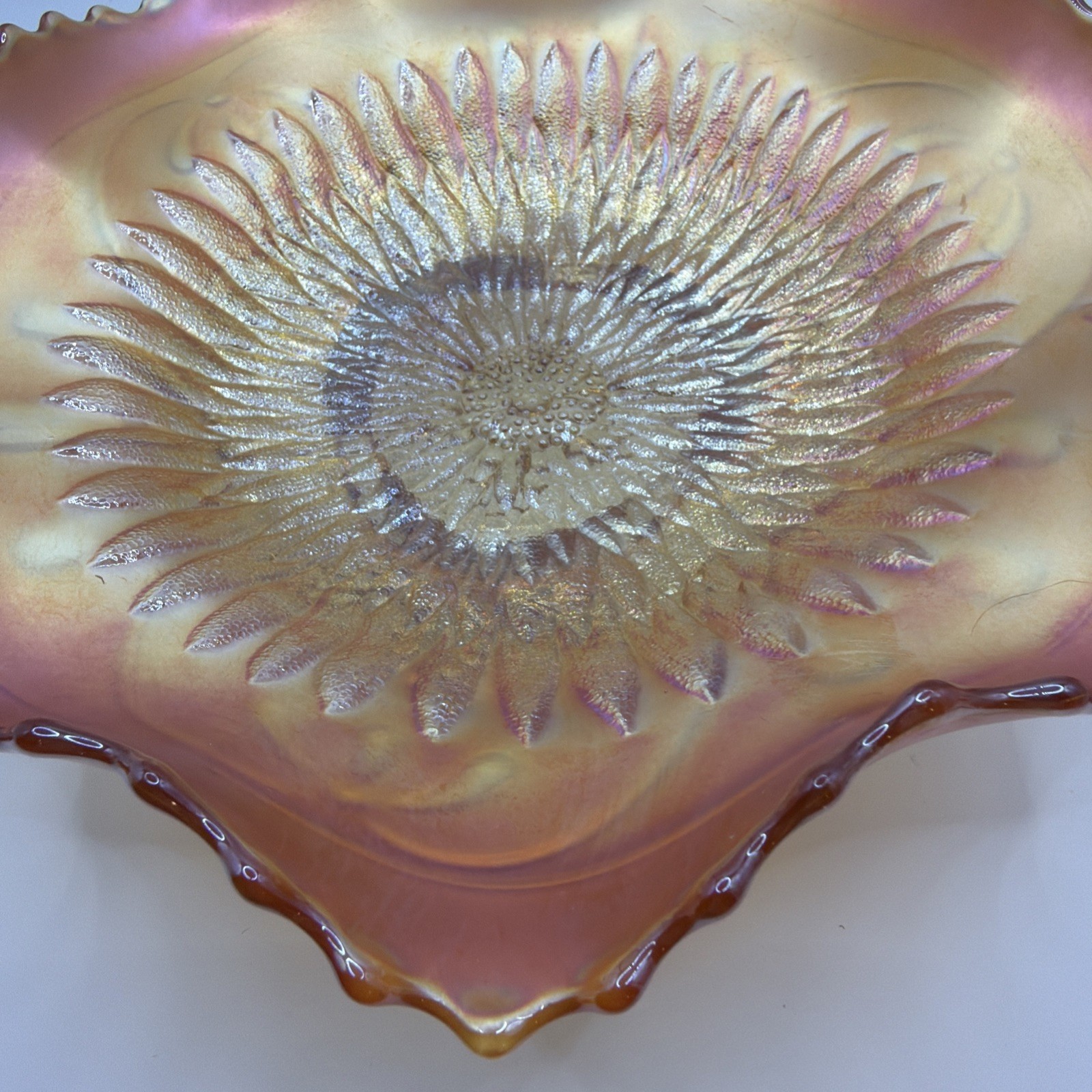 Northwood Pumpkin Marigold Sunflower Spatula Ftd Carnival Glass Bowl 9”