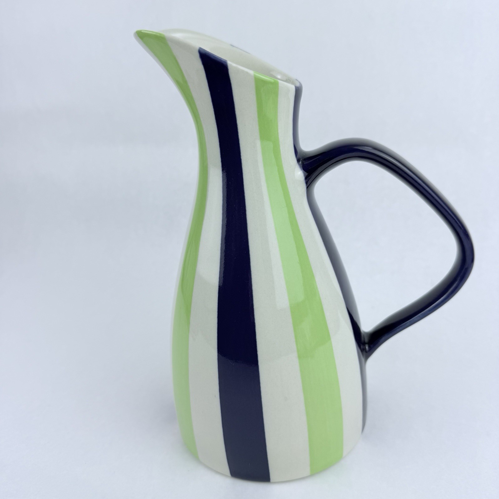 Vintage Jonathan Adler Ceramic Pitcher Pot Porter Green Blue White Stripes 9.5”