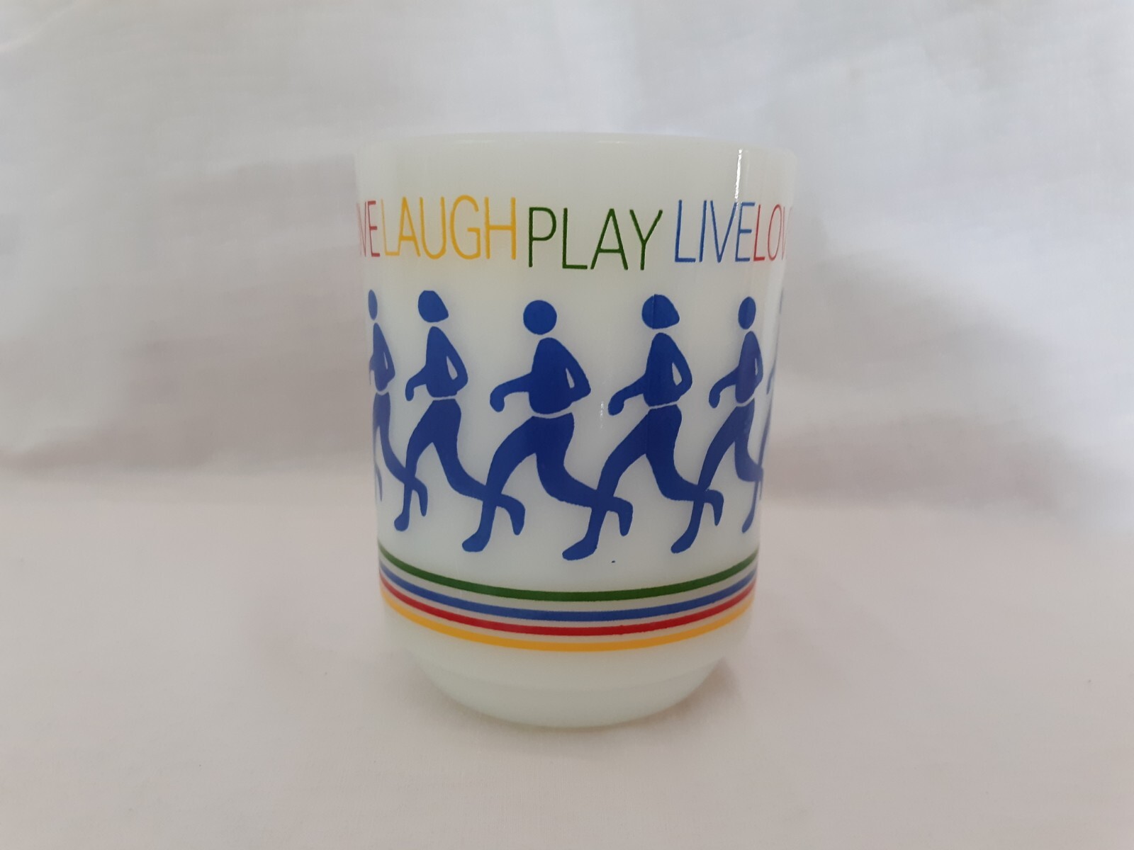 1980 Anchor Hocking FireKing Rainbow Runner Live Love Laugh Play Milk Glass Mug