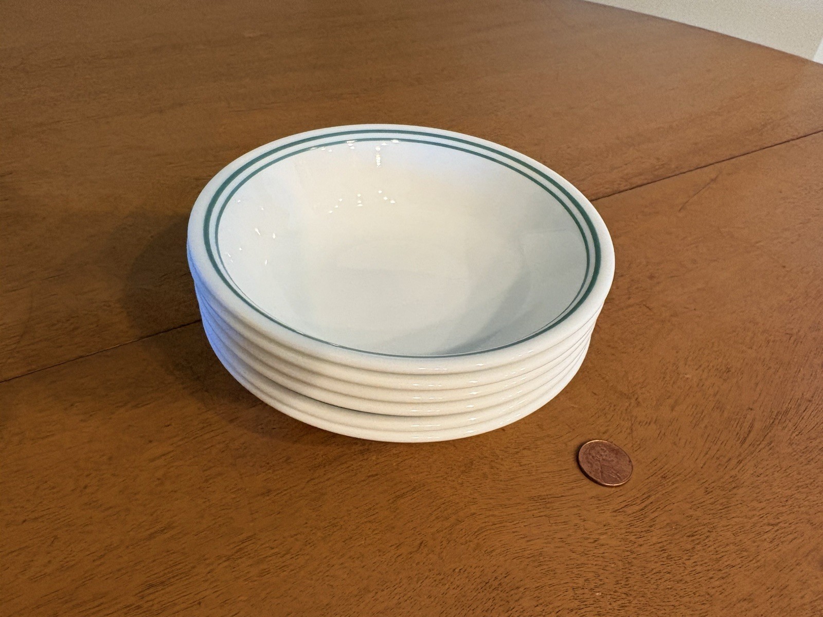 Set of 6 Vtg Corelle White Double Green Stripe Fruit Berry Sauce Bowls 5 3/8”