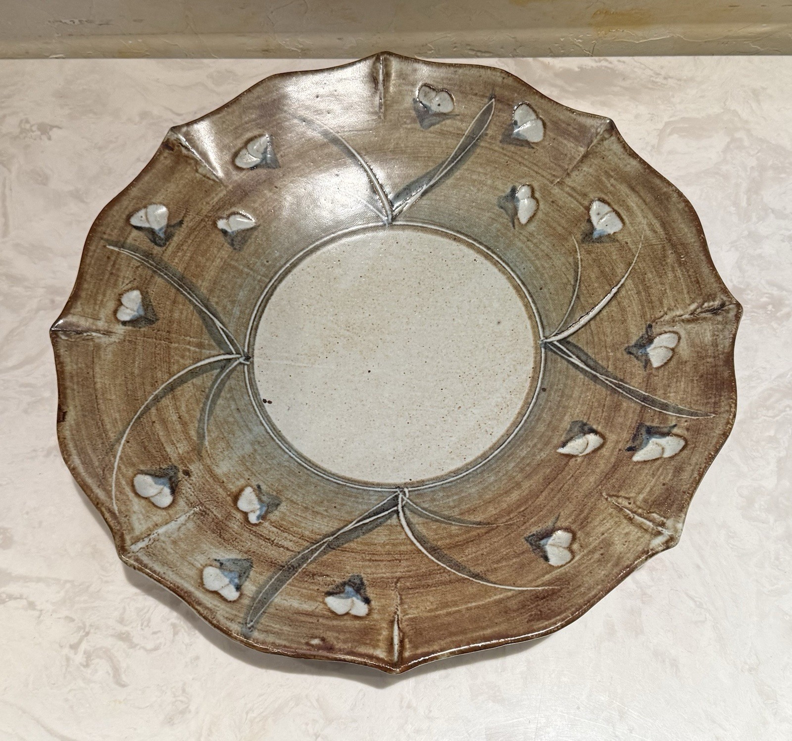 RARE 17″ Vtg NICOL Signed green, white Stoneware STUDIO ART Pottery Bowl Platter