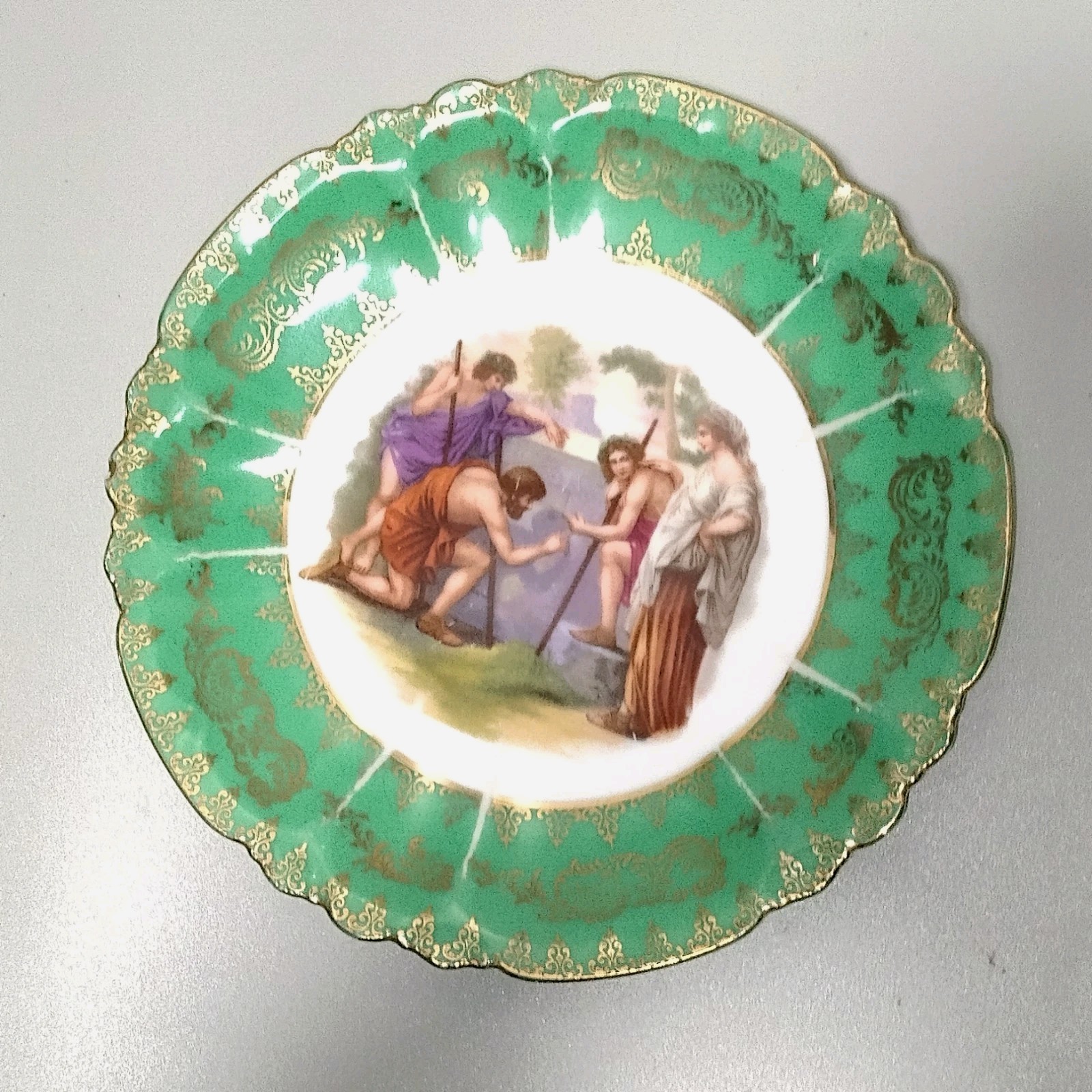 Neoclassical Green Gold Decorated Portrait Cabinet Plate Beyer and Bock Germany