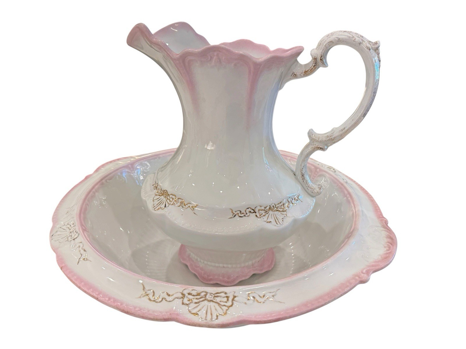 Antique WH Grindley XL 17.5″ Pitcher Basin Set Pink Ombre Gold Bows England 1890