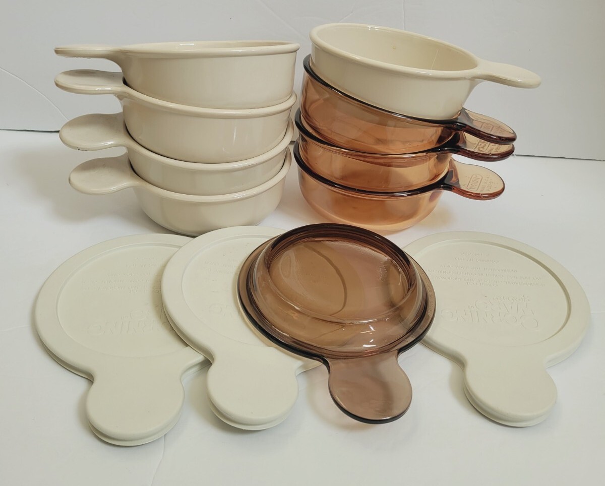 Set of 8 Vision Corning Amber & Tan Glass Grab It Bowls w/ Lids