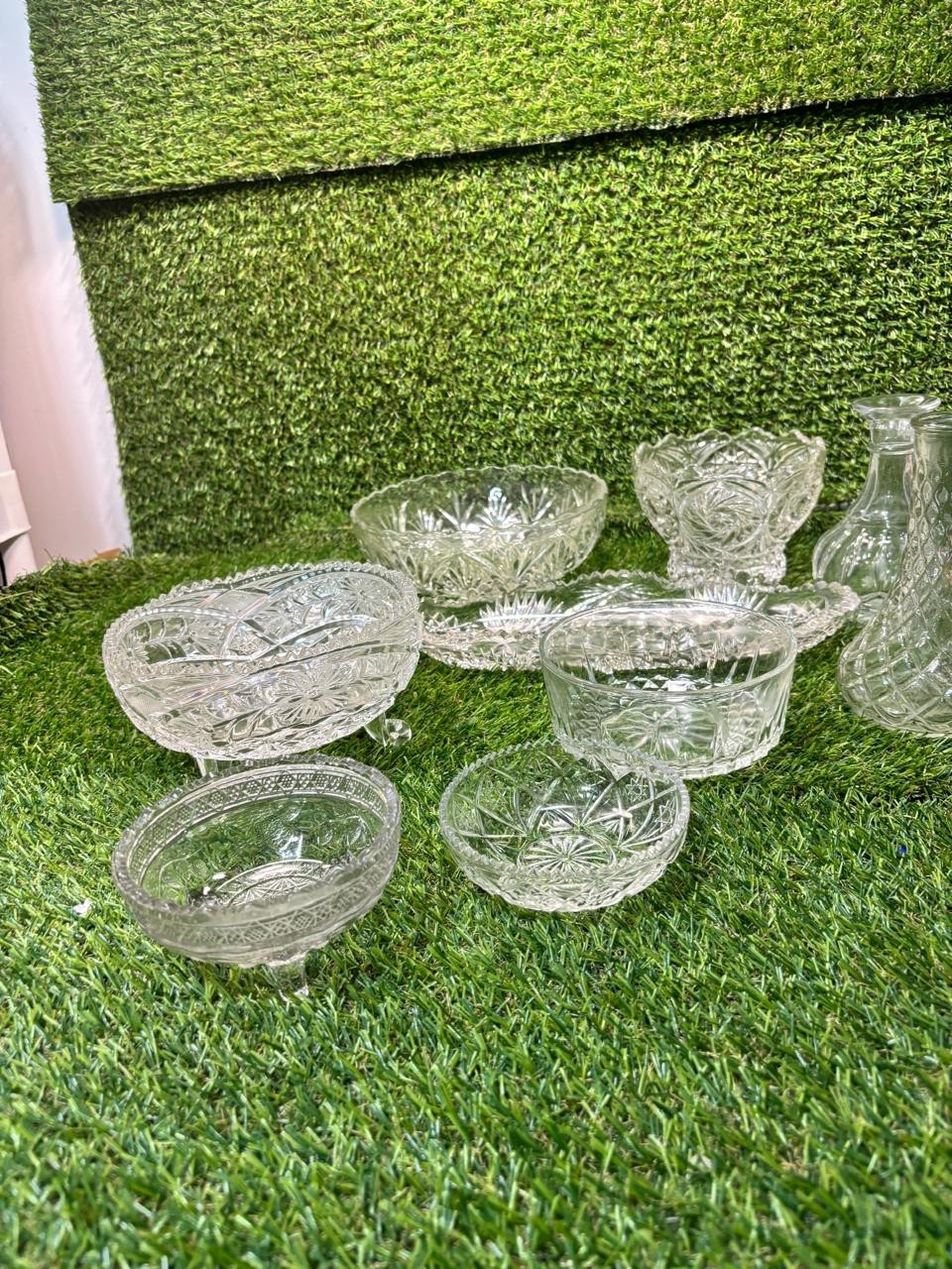 Vintage Pressed Clear Glass Lot 10 Pc Bowls Trays Bud Vases Serving Dishes