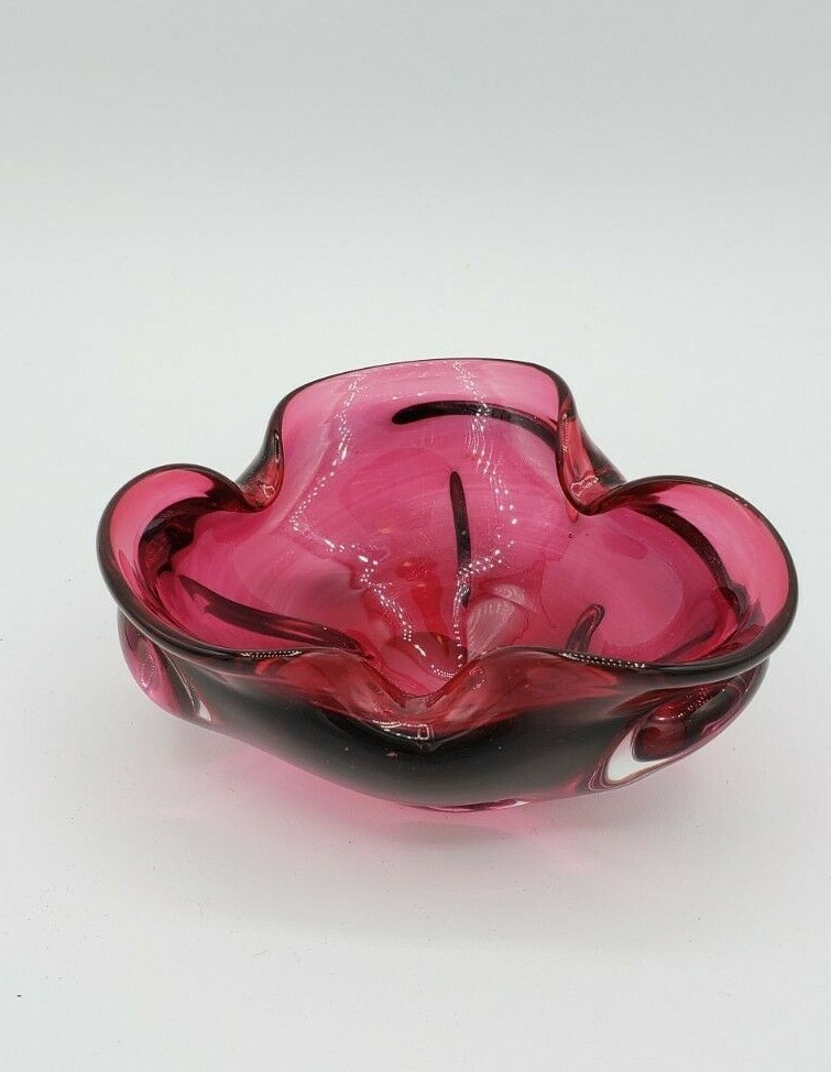 Vintage Murano Art Glass Pinch Bowl Purple Pink Ashtray Pinched Sides Strawberry
