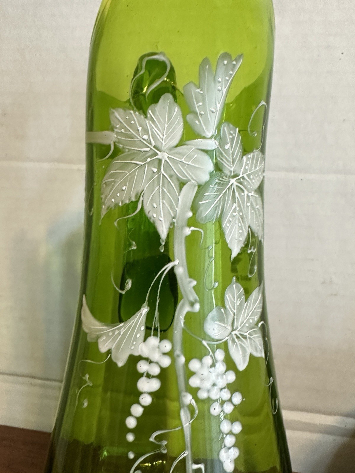 Antique Victorian Green Glass Hand Blown Pitcher 3-D Enamel Work Grape Vines