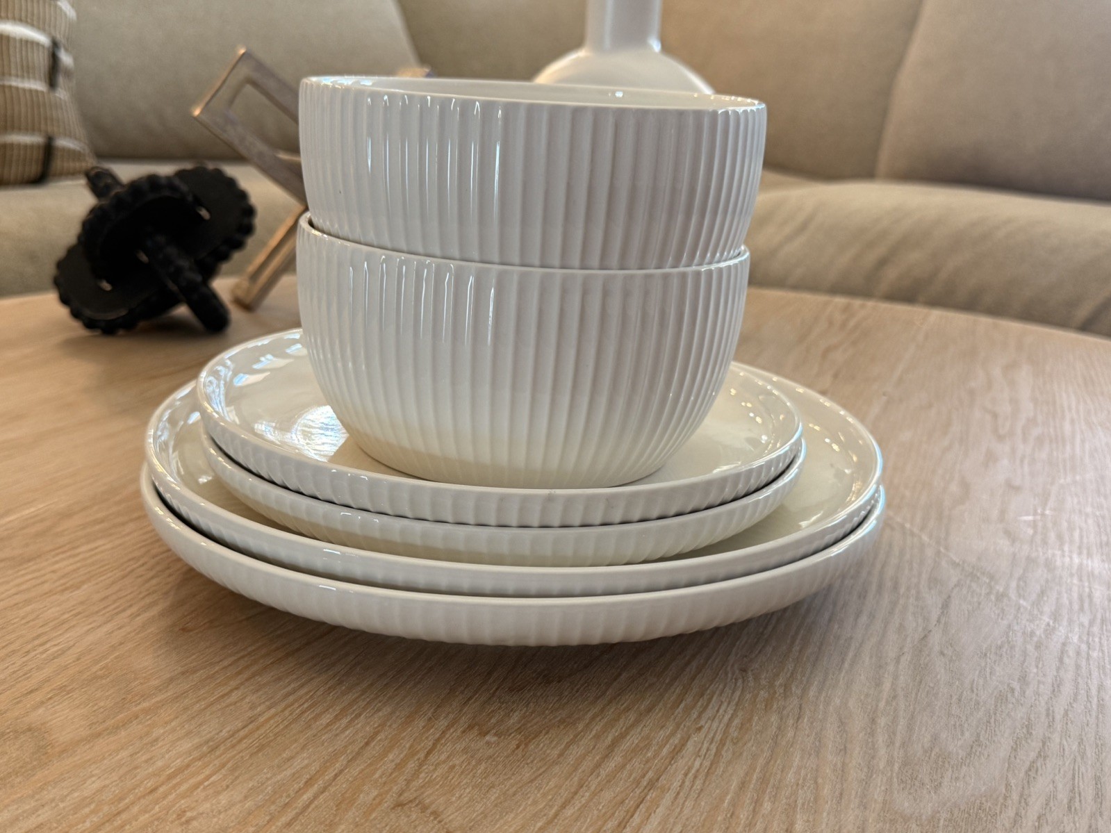 Two Sets of Ivory and Stone White Fluted, Dinner Plate, Salad Plate & bowl sets