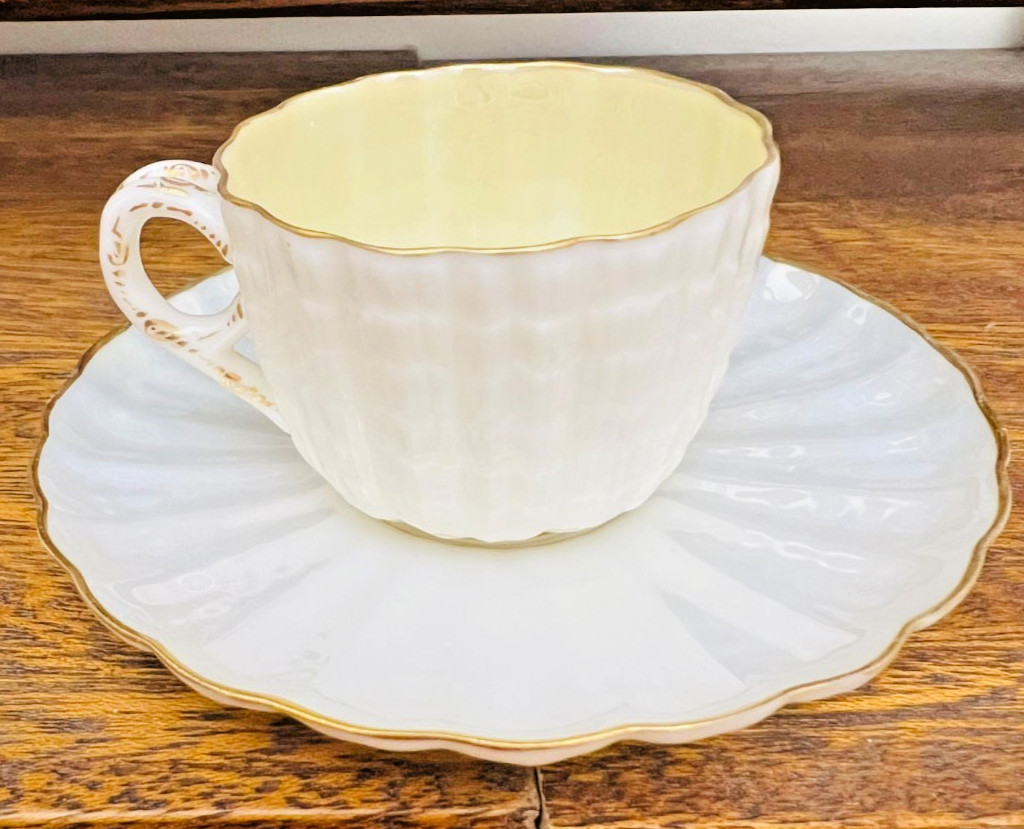 American Belleek Trenton NJ Demitasse Cup Saucer White Lustre Gold Gilt Antique