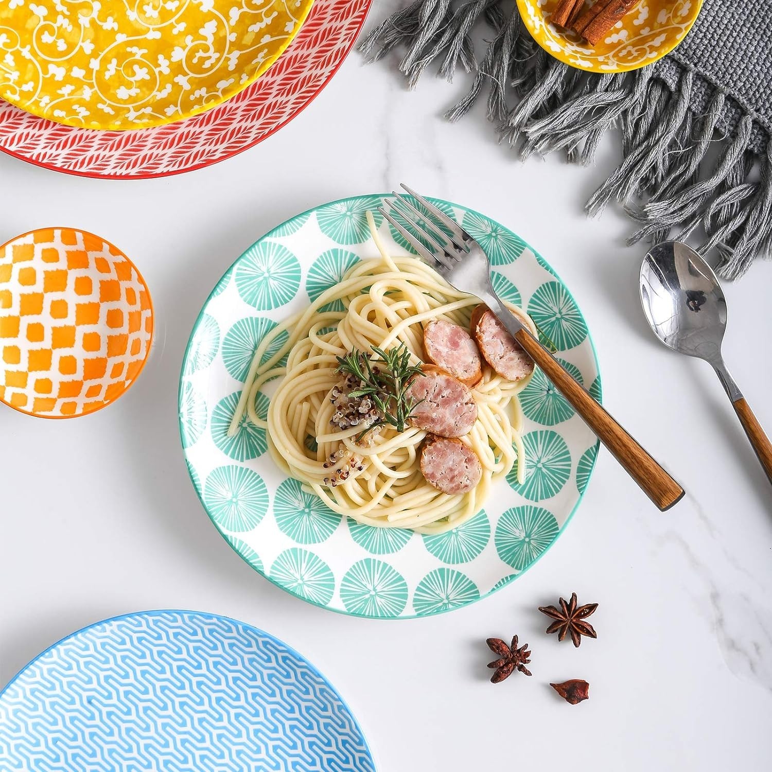 Unique Floral Design: 8-Inch Lead-Free Porcelain Plates, Set of 6 Vibrant Colors
