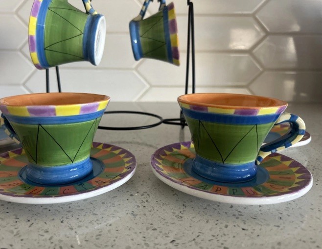 Certified International Ceramic Geometric Multicolor Cup & Saucer Set with Stand