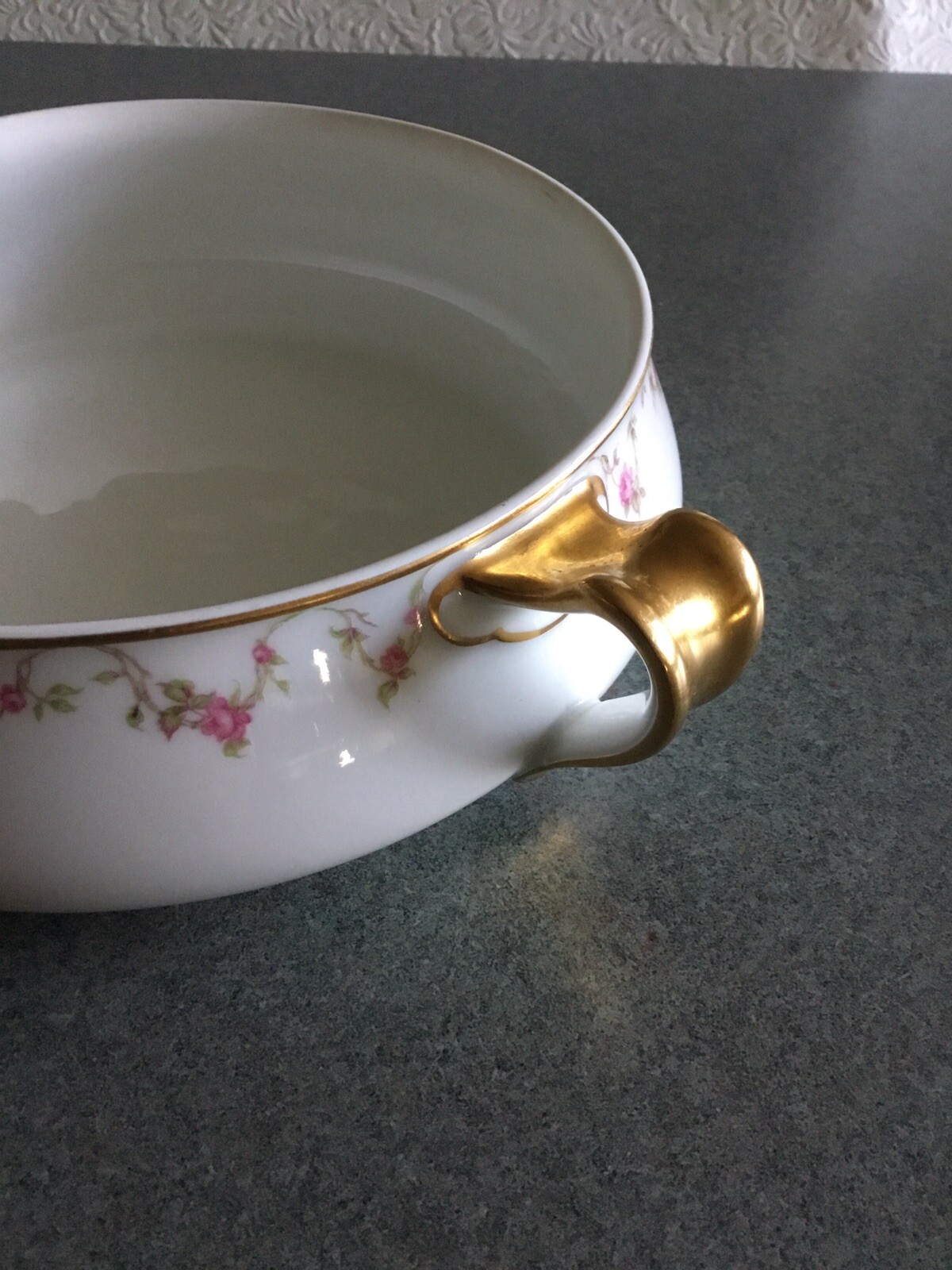 Haviland Limoges France Handled Casserole Dish Pink Rose Garland & Gold Trim