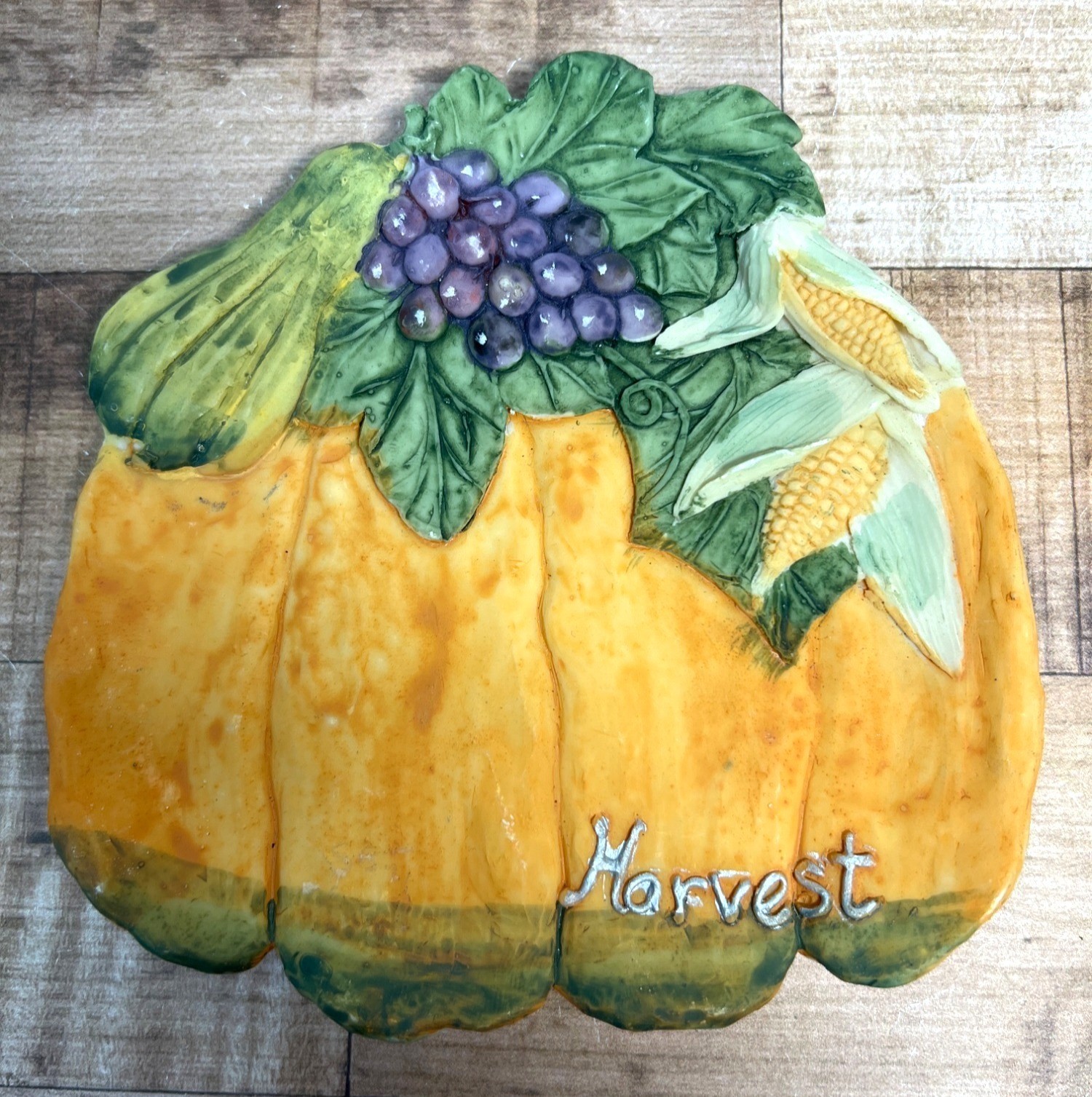 VTG Ceramic Harvest Trinket Dish With Grapes Corn & Pumpkin Design Made In USA