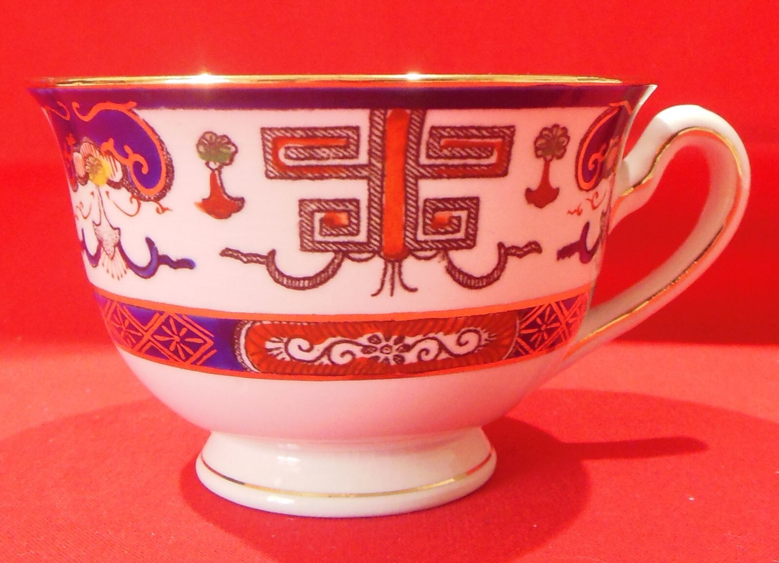 Nikko Ironstone Footed Cup & Saucer Set Blue Rust Gold Floral H491