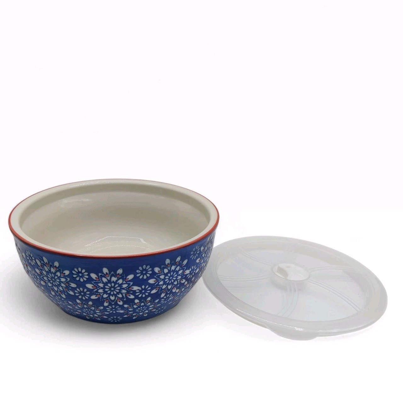 VTG Yokohama Studio Blue White Red Floral Hand Painted Ceramic Bowl w Lid