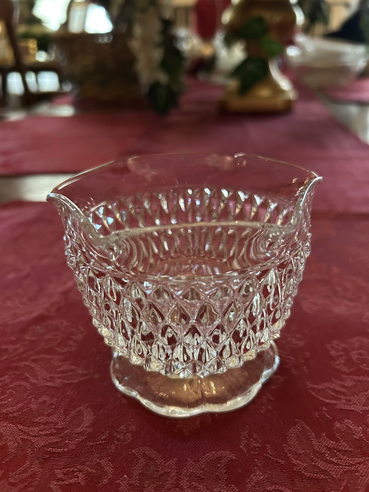 Vtg Clear Pedestal Dish / Sugar Bowl Scalloped Edge Diamond Cut